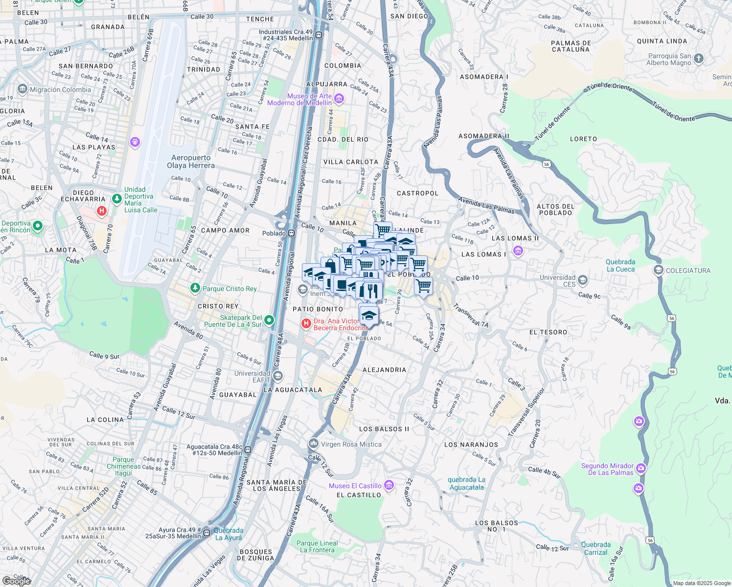 map of restaurants, bars, coffee shops, grocery stores, and more near Avenida El Poblado in Medellín