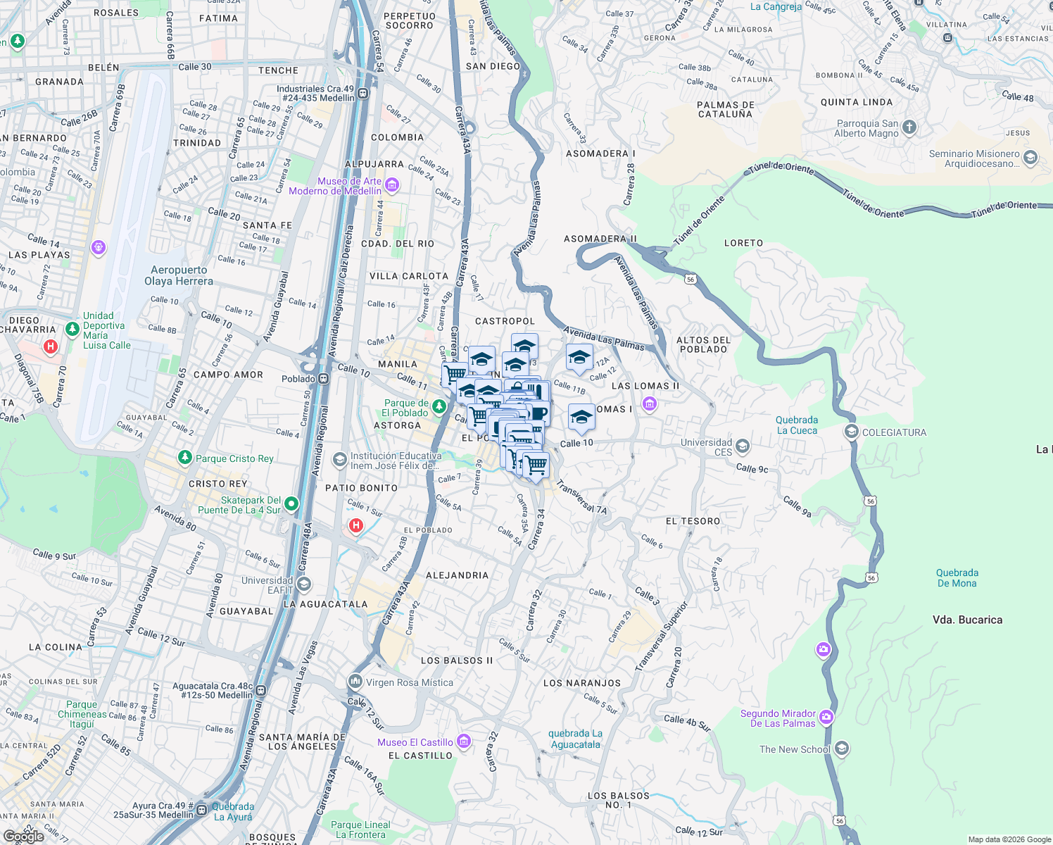 map of restaurants, bars, coffee shops, grocery stores, and more near 10a-35 Carrera 36 in Medellín