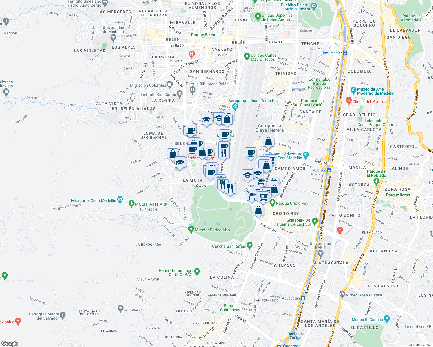 map of restaurants, bars, coffee shops, grocery stores, and more near 1-141 Carrera 70 in Medellín