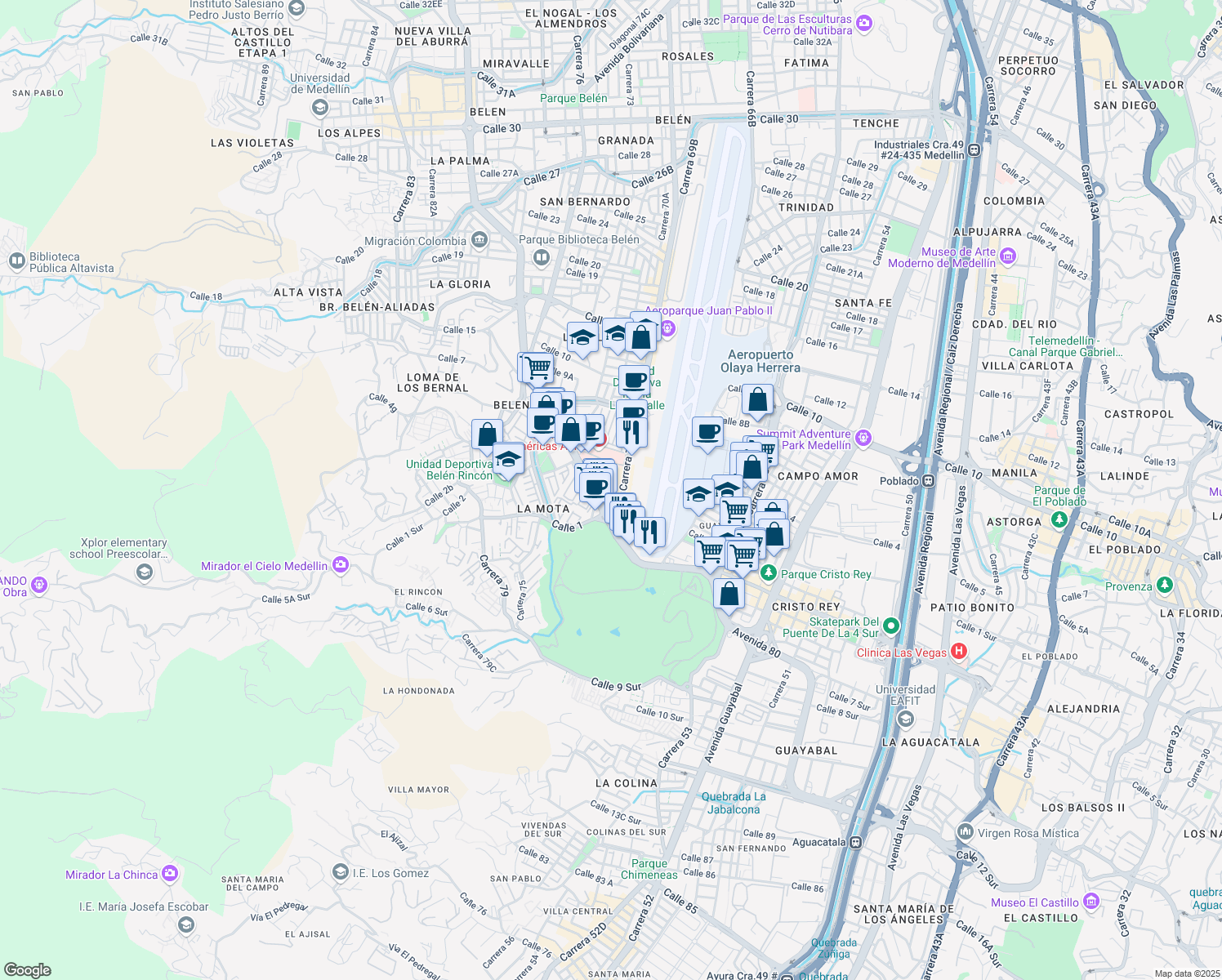 map of restaurants, bars, coffee shops, grocery stores, and more near 1-141 Carrera 70 in Medellín