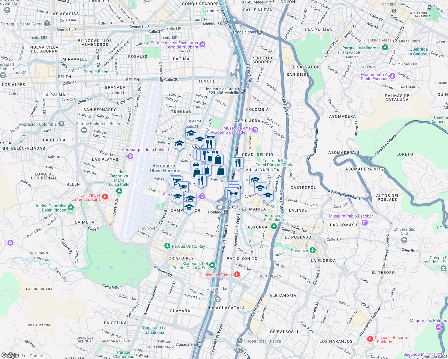 map of restaurants, bars, coffee shops, grocery stores, and more near 1450 Carrera 49 in Medellín