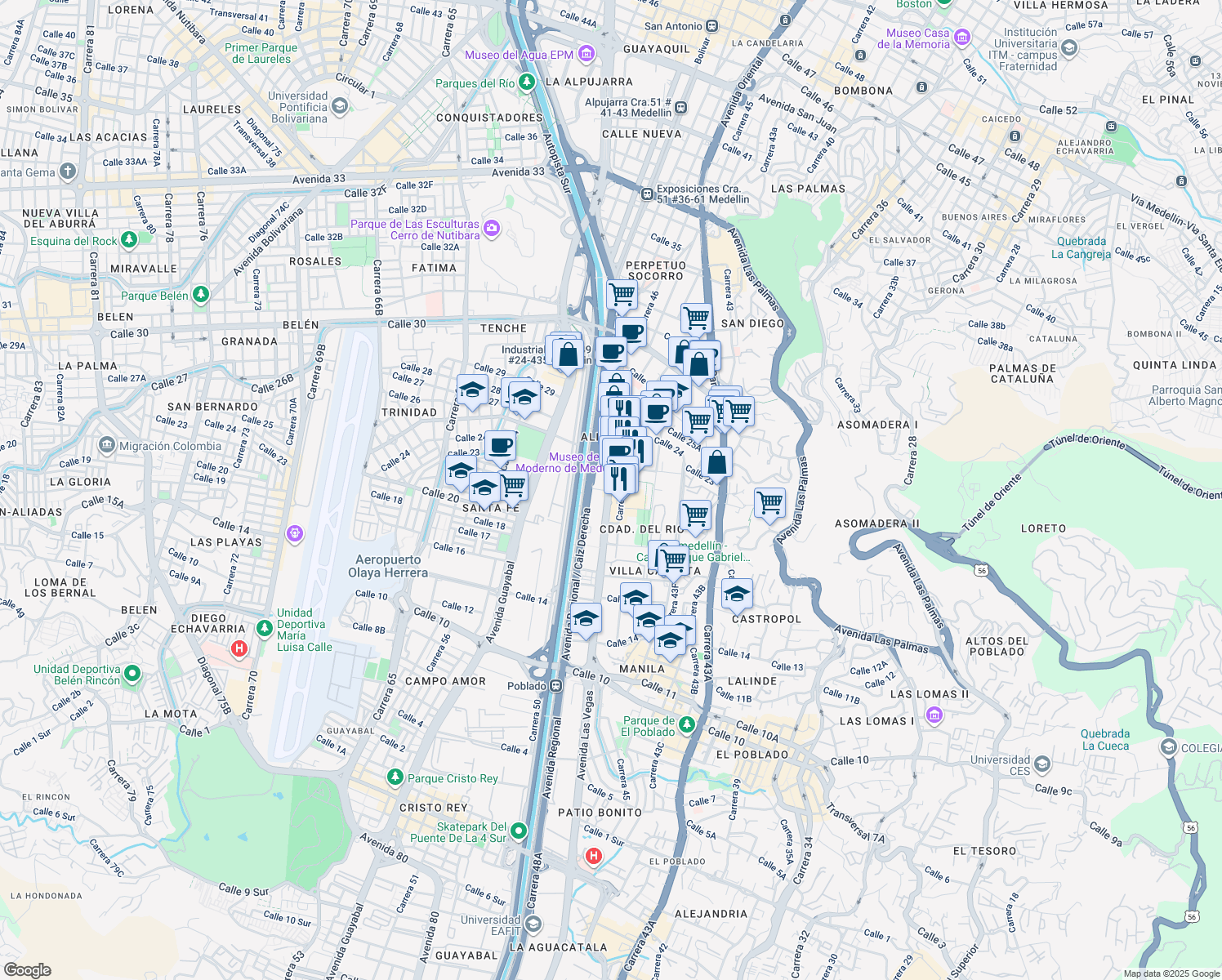 map of restaurants, bars, coffee shops, grocery stores, and more near in Medellín