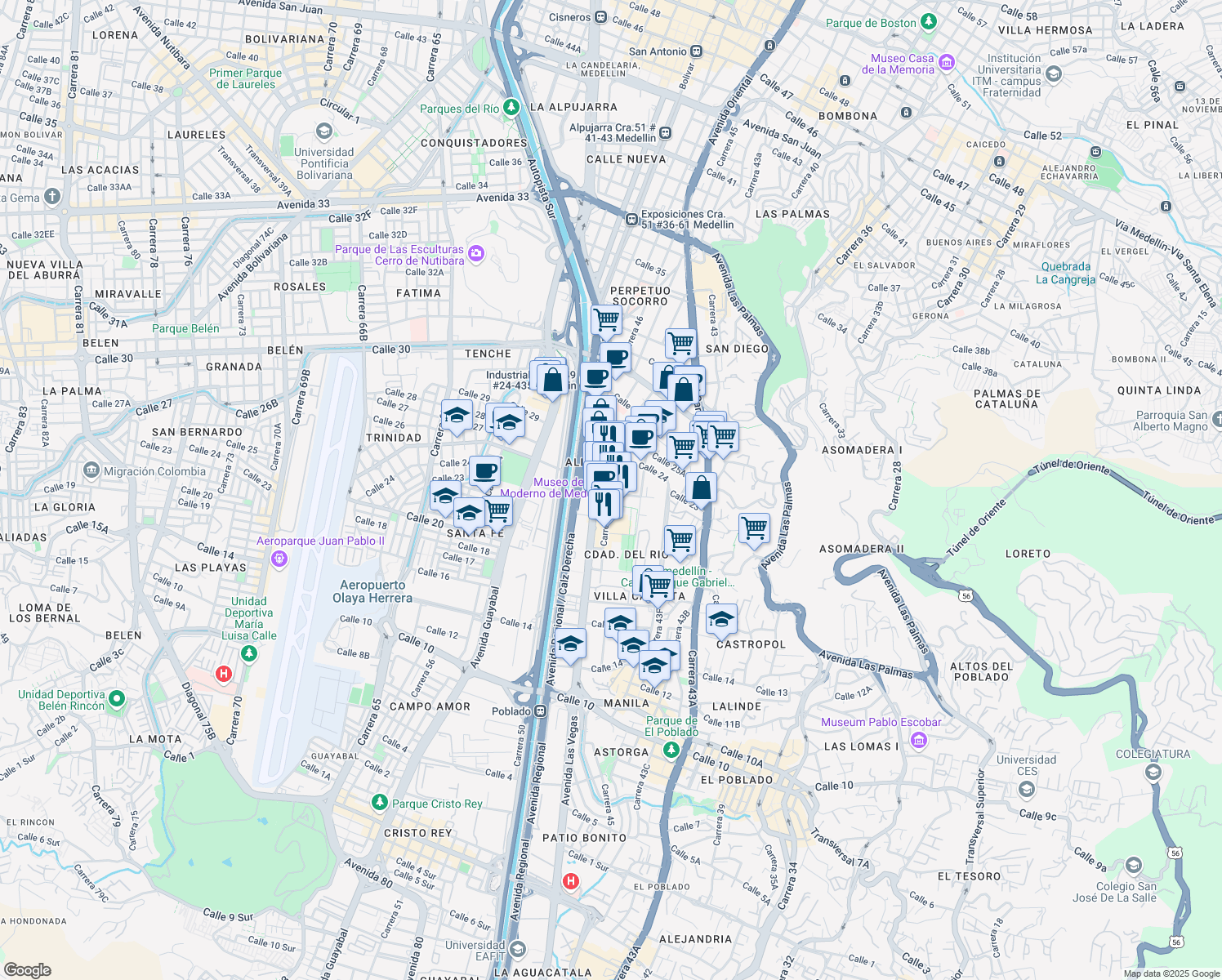 map of restaurants, bars, coffee shops, grocery stores, and more near 20-22 Carrera 44 in Medellín