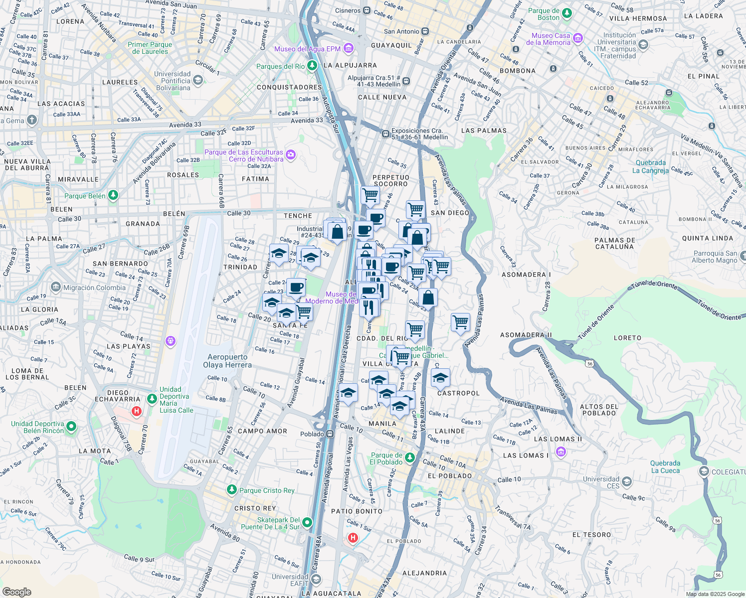 map of restaurants, bars, coffee shops, grocery stores, and more near 20-22 Carrera 44 in Medellín