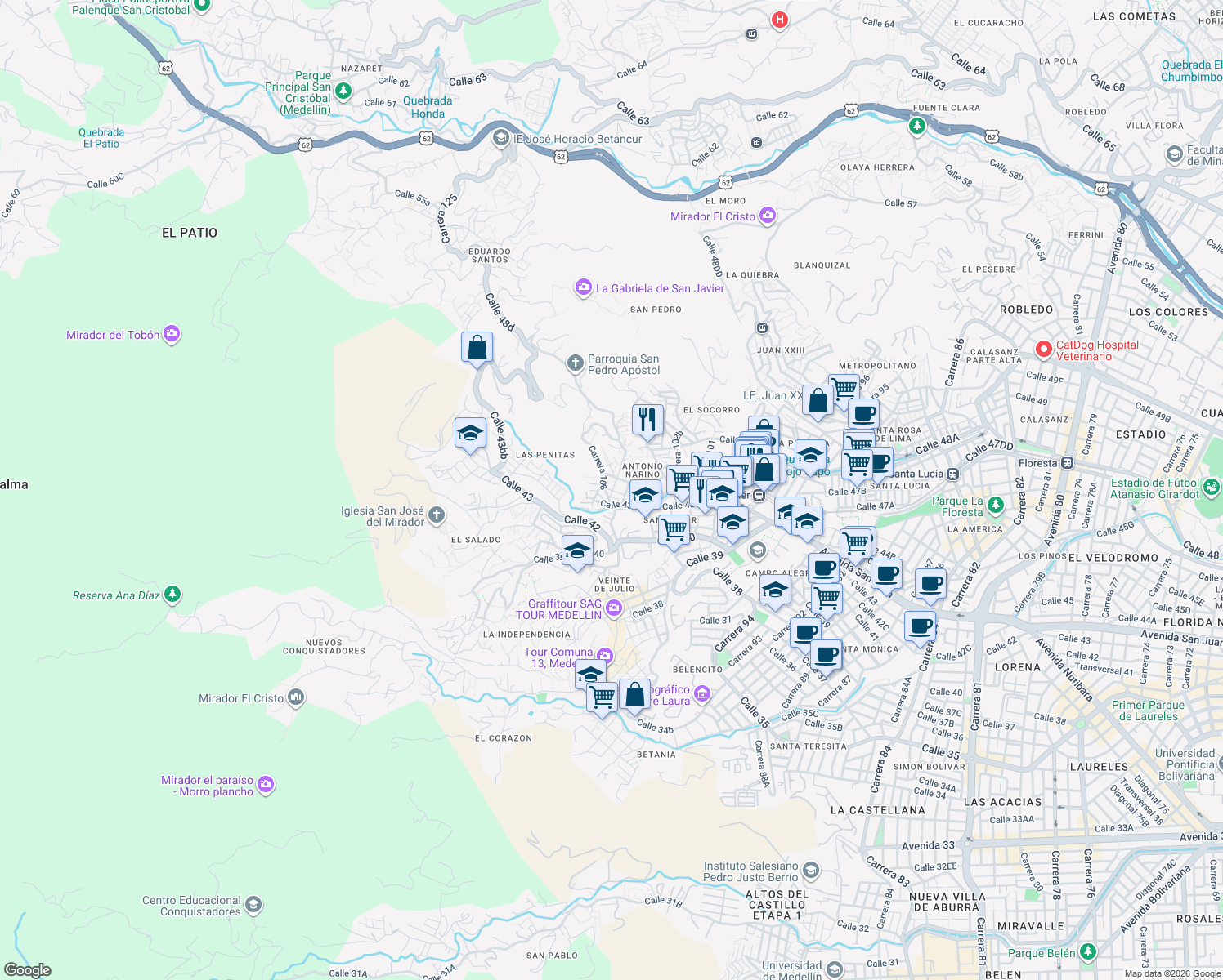map of restaurants, bars, coffee shops, grocery stores, and more near 5 Calle 44 in Medellín