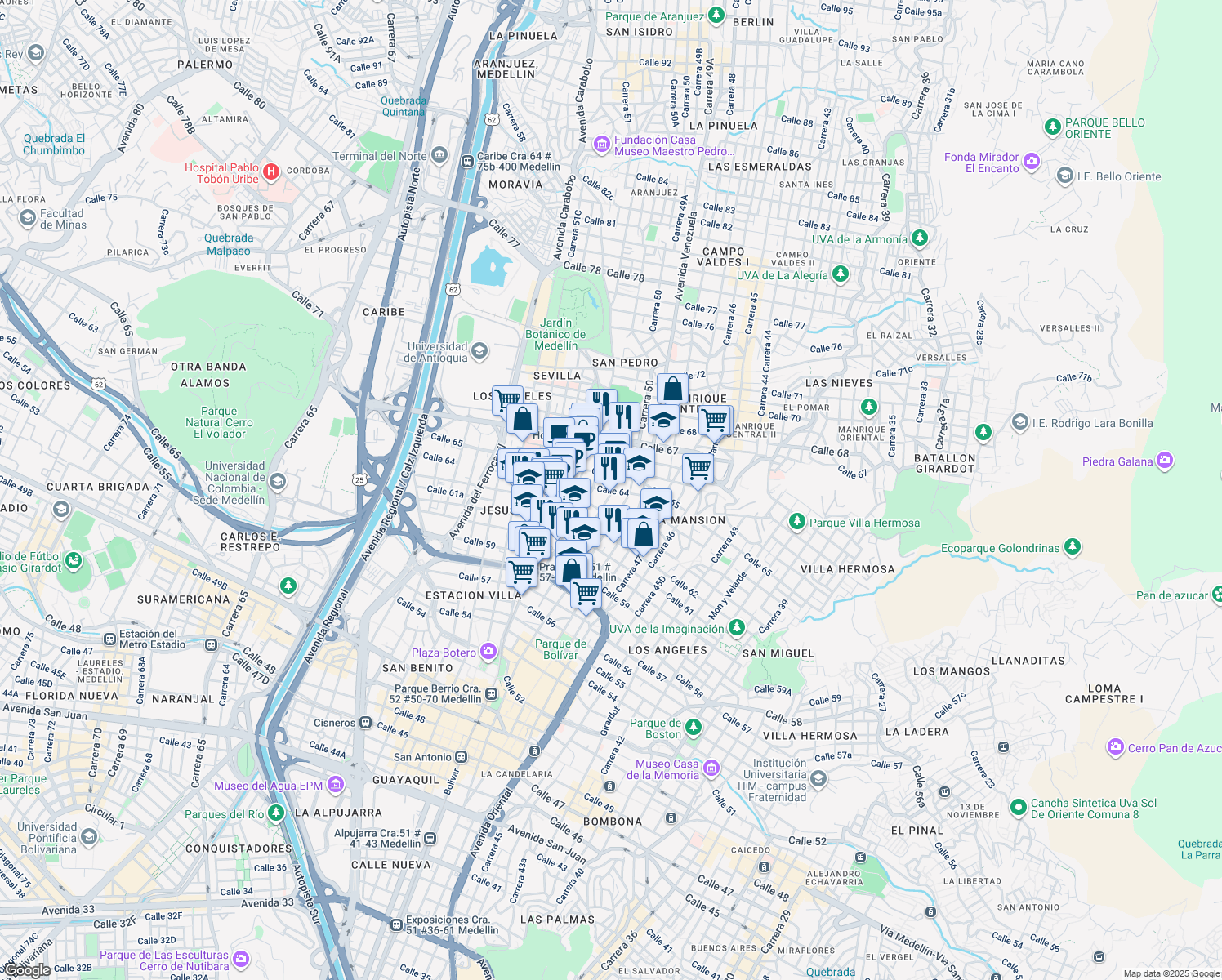 map of restaurants, bars, coffee shops, grocery stores, and more near Calle 64 in Medellín