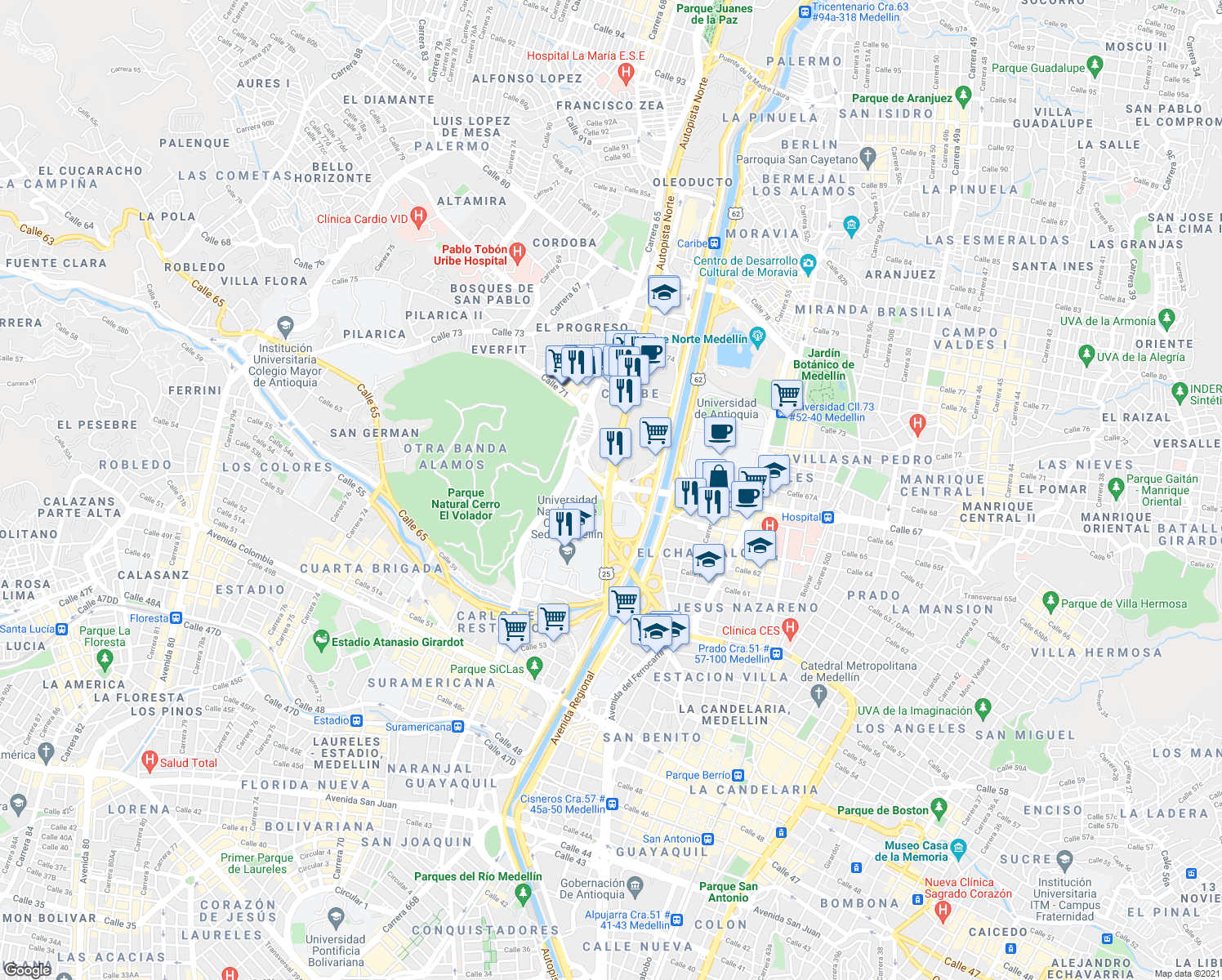 map of restaurants, bars, coffee shops, grocery stores, and more near 38 Retorno A La Autonorte Al Sur in Medellín