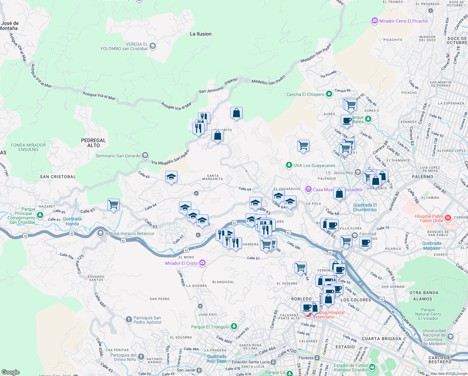 map of restaurants, bars, coffee shops, grocery stores, and more near Calle 64 in Medellín