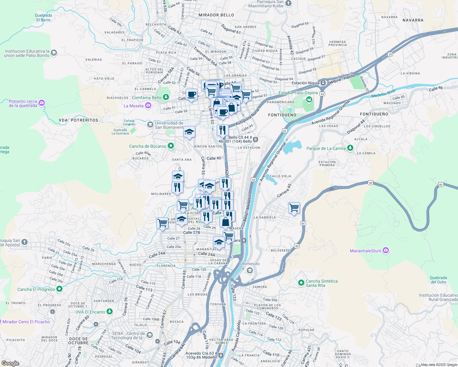 map of restaurants, bars, coffee shops, grocery stores, and more near 50-205 Calle 40 in Bello