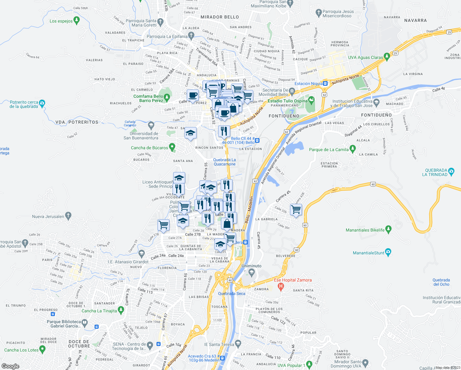 map of restaurants, bars, coffee shops, grocery stores, and more near 38a-185 Carrera 50 in Bello