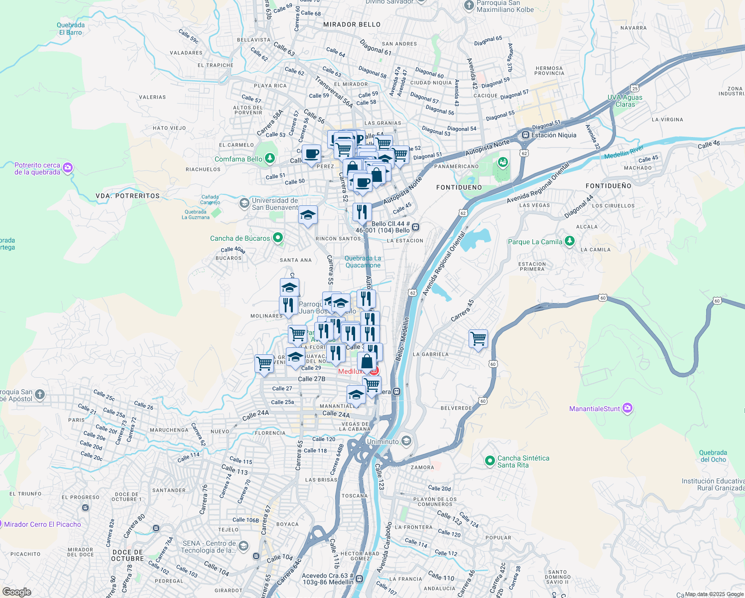 map of restaurants, bars, coffee shops, grocery stores, and more near 38a-185 Carrera 50 in Bello