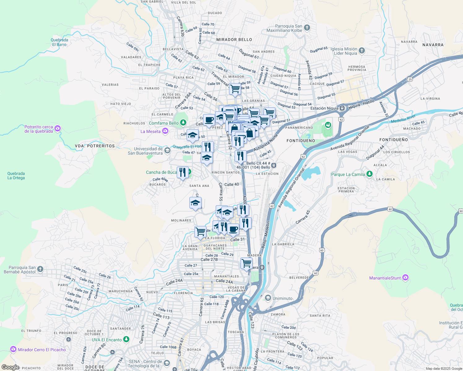 map of restaurants, bars, coffee shops, grocery stores, and more near 50-205 Calle 40 in Bello