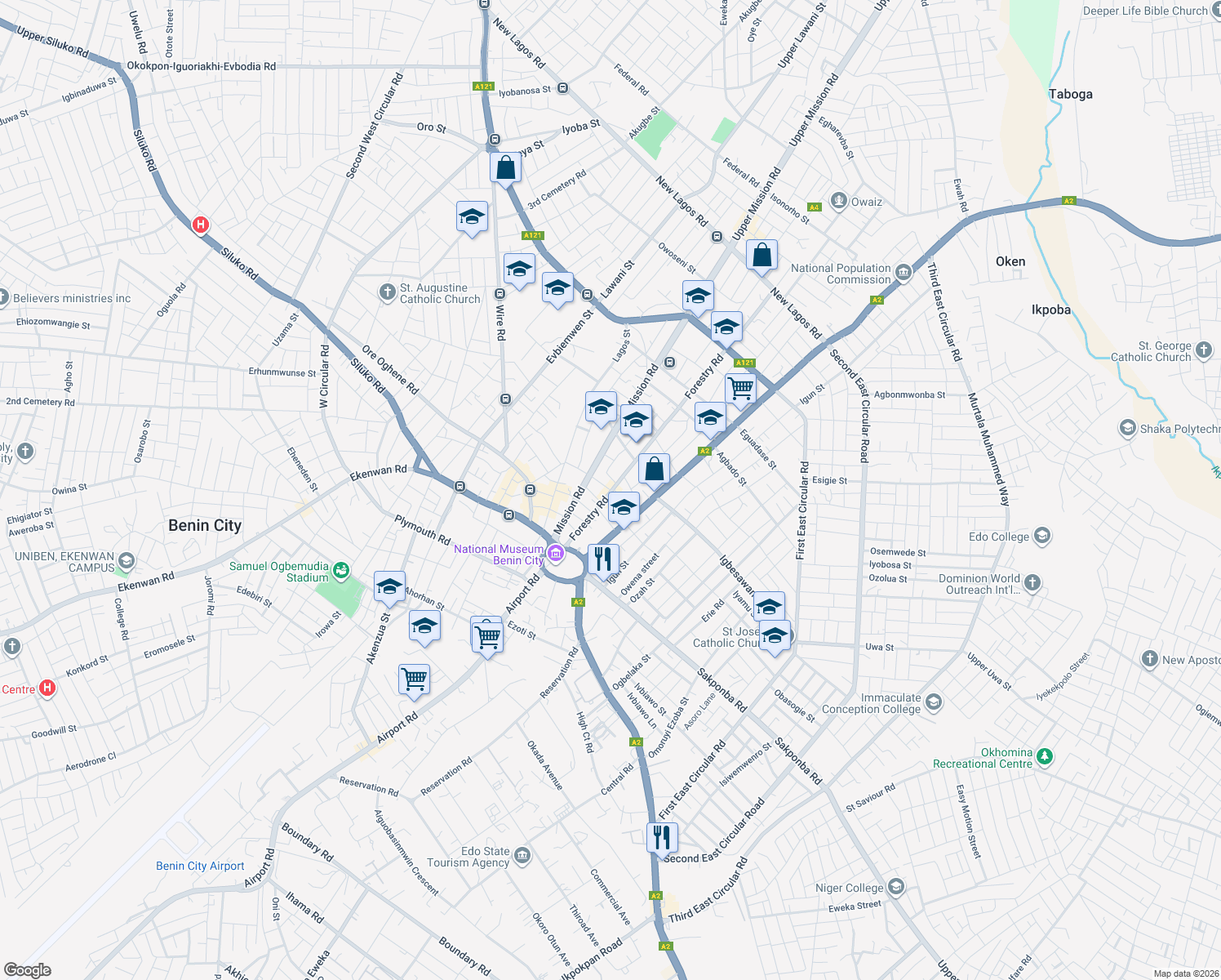 map of restaurants, bars, coffee shops, grocery stores, and more near Ugbague Street in Benin City
