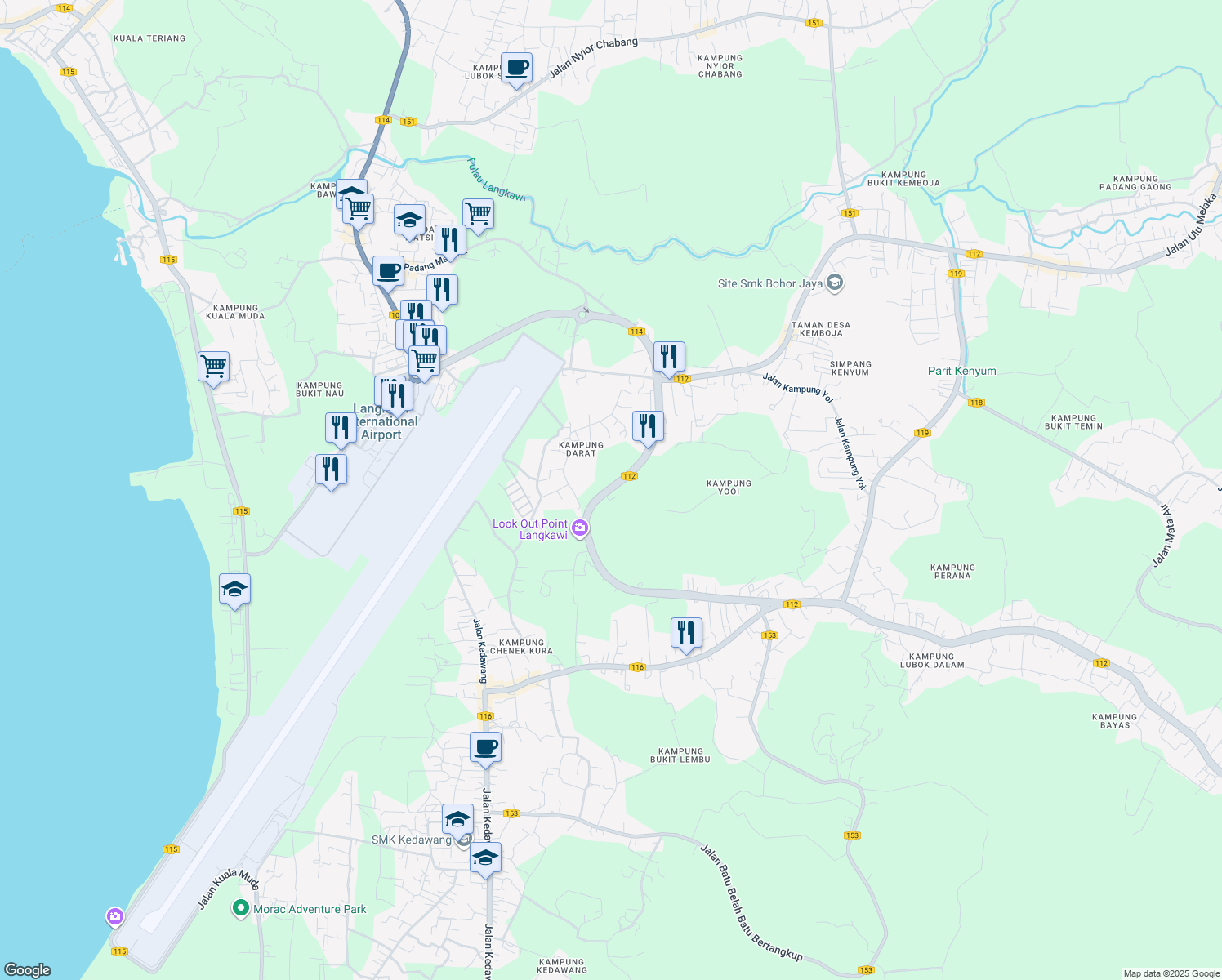 map of restaurants, bars, coffee shops, grocery stores, and more near Jalan Padang Matsirat in Langkawi