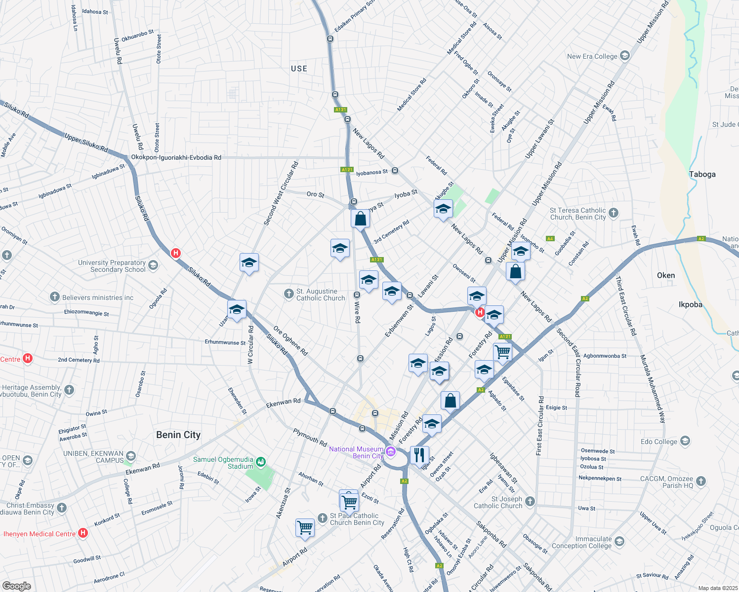 map of restaurants, bars, coffee shops, grocery stores, and more near Wire Road in Benin City