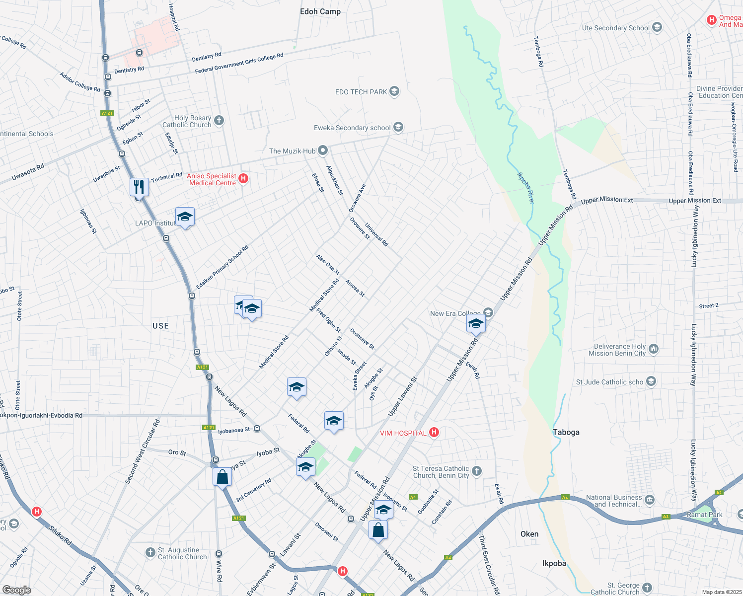 map of restaurants, bars, coffee shops, grocery stores, and more near Okhoro Road in Benin City