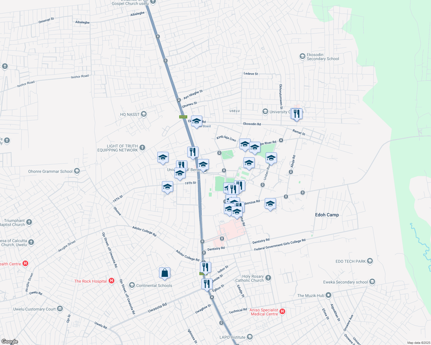 map of restaurants, bars, coffee shops, grocery stores, and more near Uniben Road in Benin City