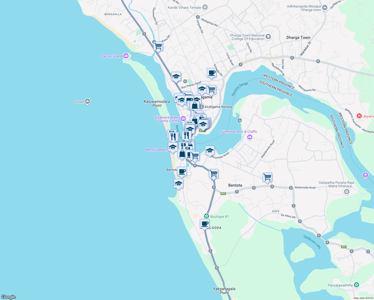 map of restaurants, bars, coffee shops, grocery stores, and more near Colombo - Galle - Hambantota - Wellawaya Highway in Bentota