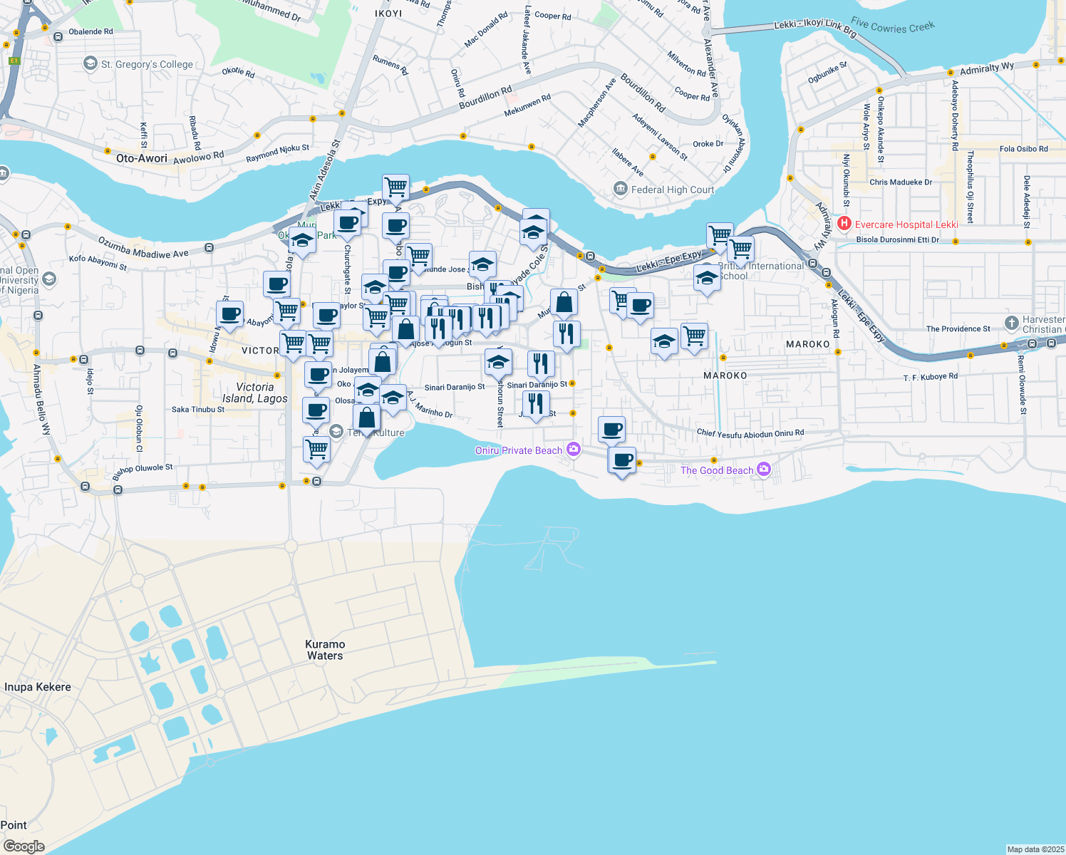 map of restaurants, bars, coffee shops, grocery stores, and more near Akin Ogunlewe Road in Lagos