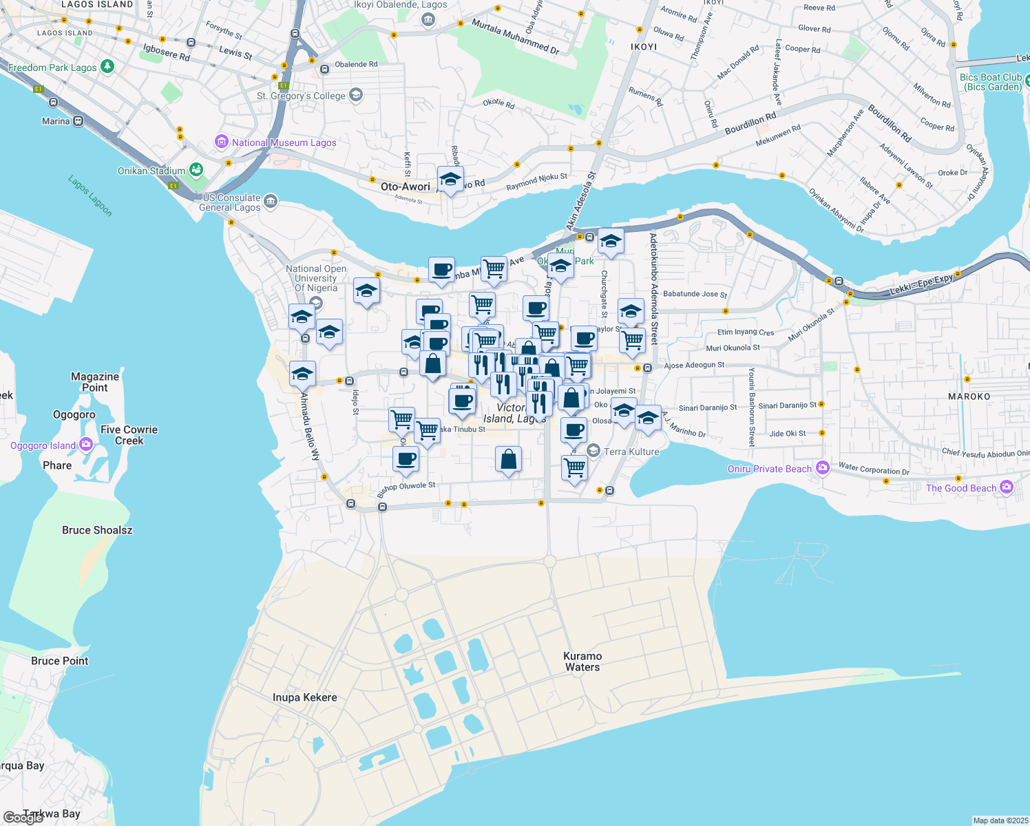 map of restaurants, bars, coffee shops, grocery stores, and more near in Lagos
