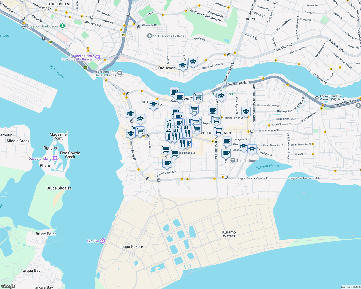 map of restaurants, bars, coffee shops, grocery stores, and more near Abagbon Close in Lagos