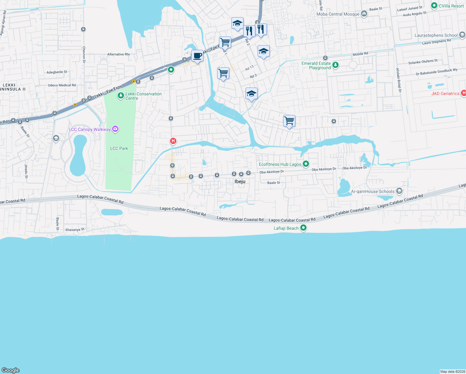 map of restaurants, bars, coffee shops, grocery stores, and more near Eleko Drive in Lekki