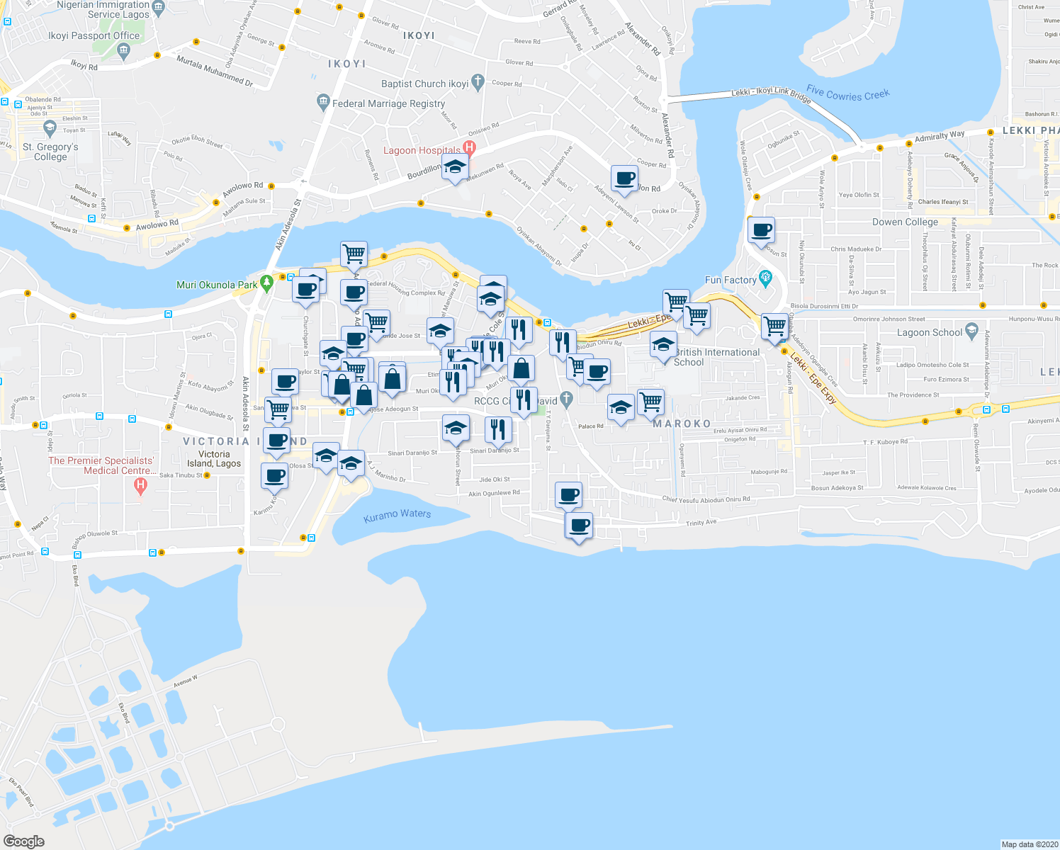 map of restaurants, bars, coffee shops, grocery stores, and more near Ligali Ayorinde Street in Lagos