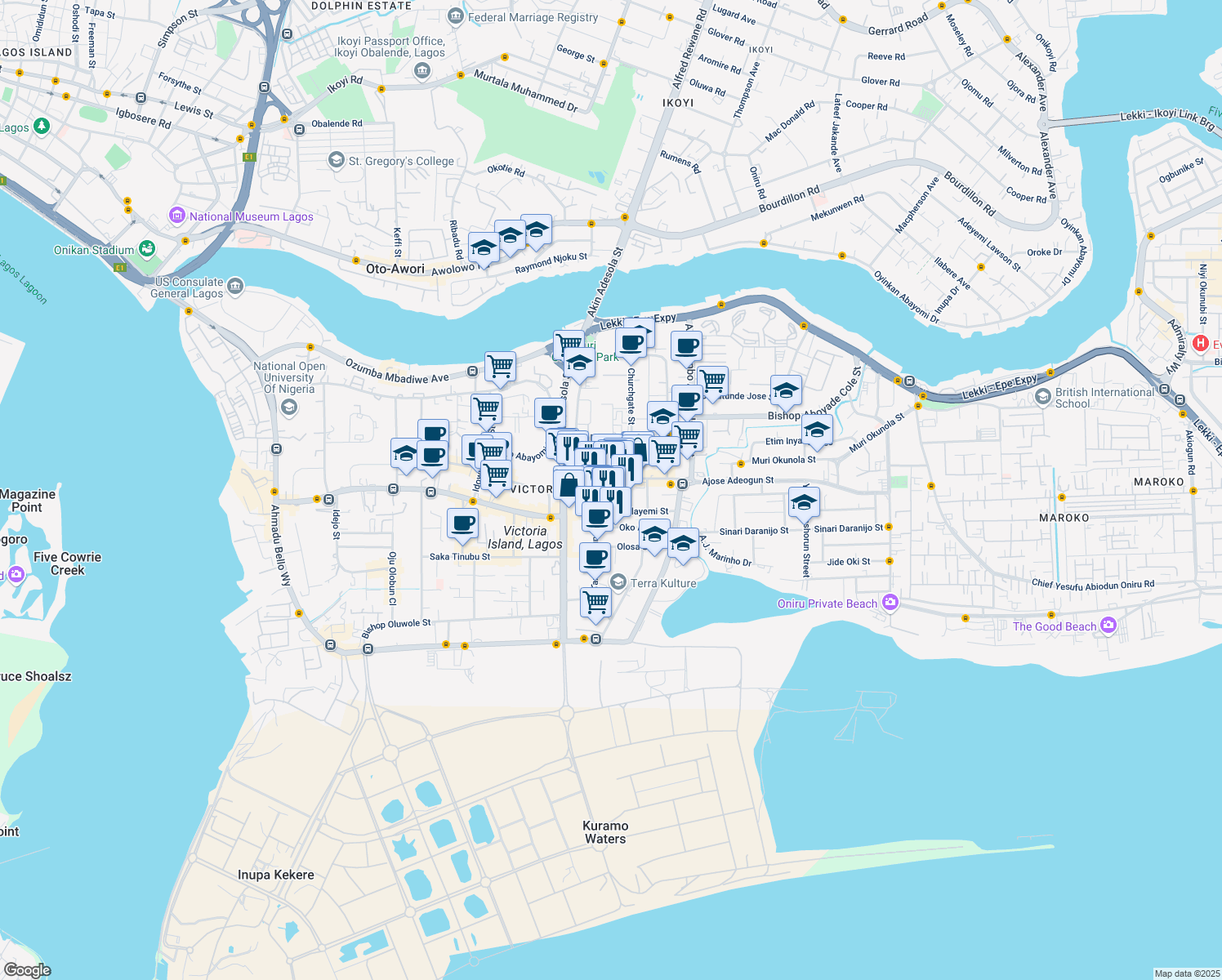 map of restaurants, bars, coffee shops, grocery stores, and more near PLOT 1682 Sanusi Fafunwa St in Lagos