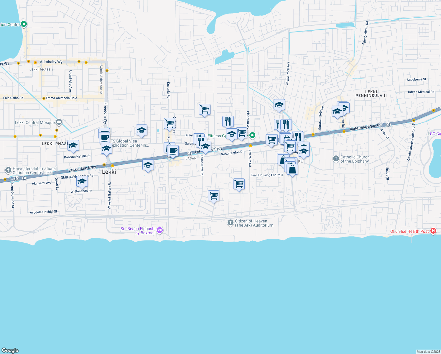 map of restaurants, bars, coffee shops, grocery stores, and more near Yemi Adetayo Link Road in Lekki