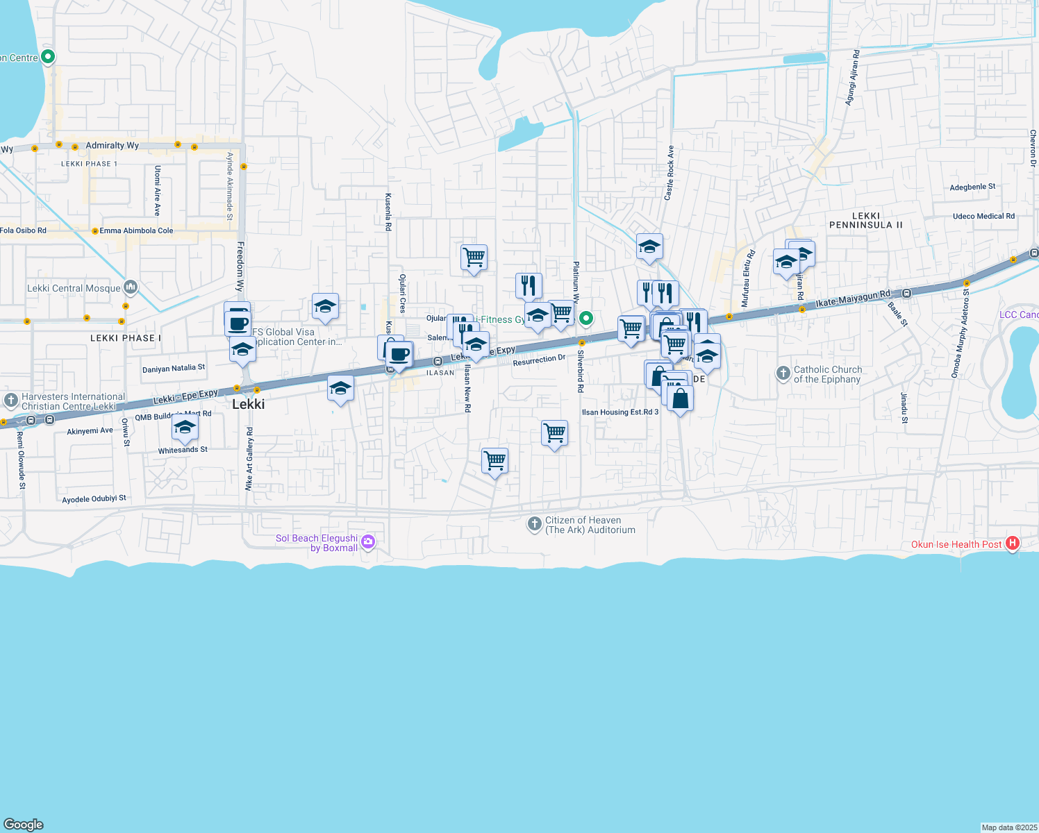 map of restaurants, bars, coffee shops, grocery stores, and more near Yemi Adetayo Link Road in Lekki