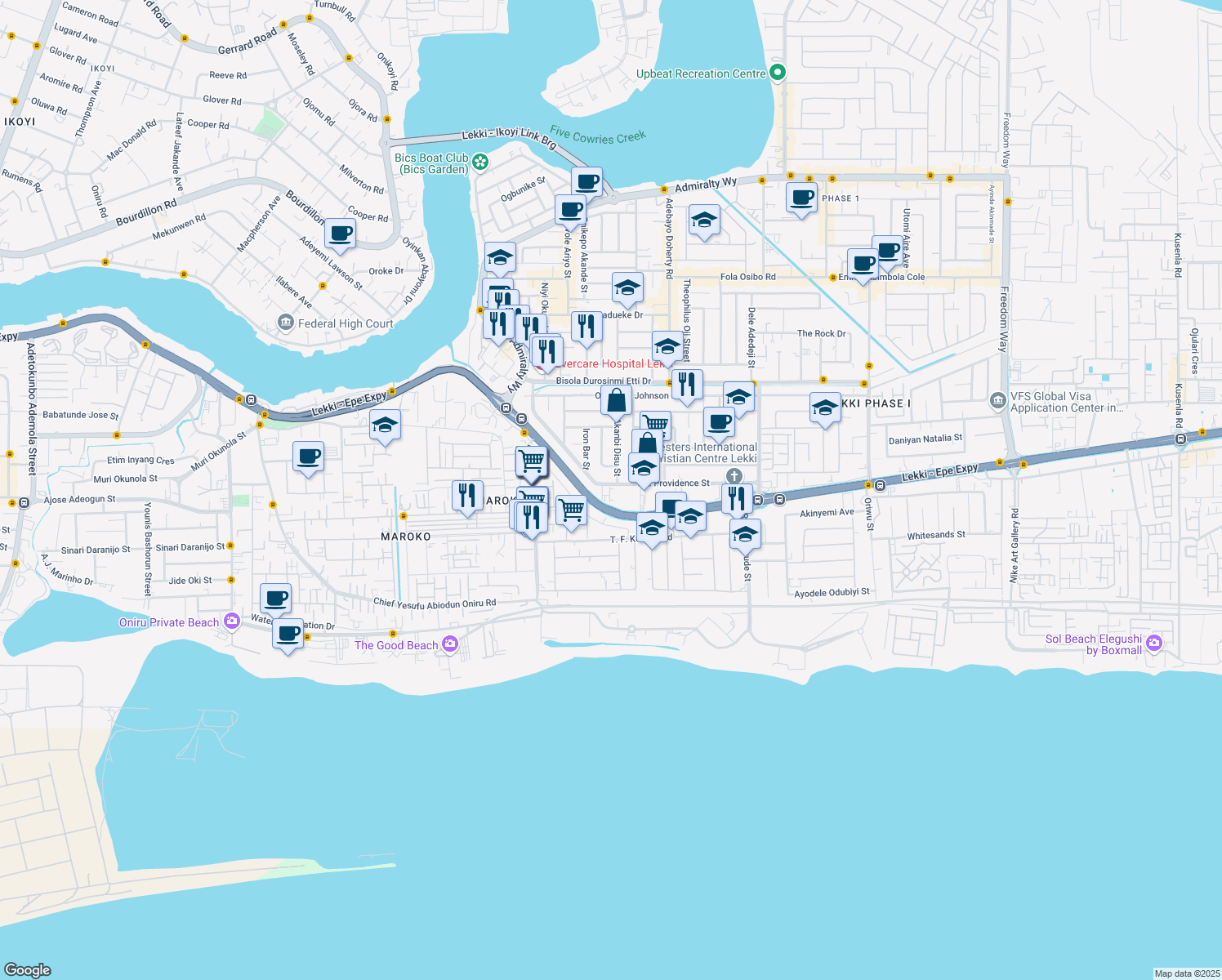 map of restaurants, bars, coffee shops, grocery stores, and more near 1 Lekki - Epe Expressway in Lagos