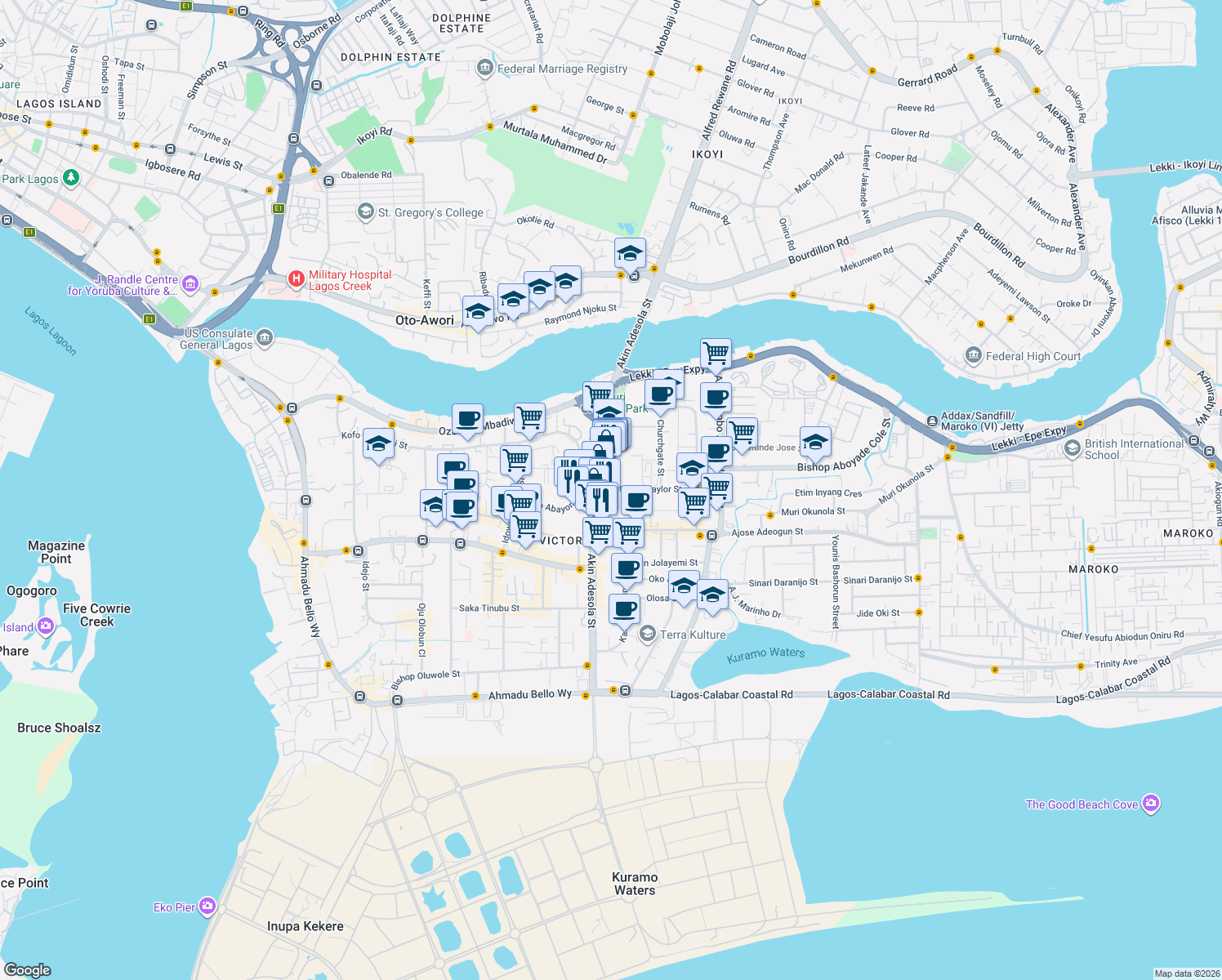 map of restaurants, bars, coffee shops, grocery stores, and more near 2 Idowu Taylor Street in Lagos