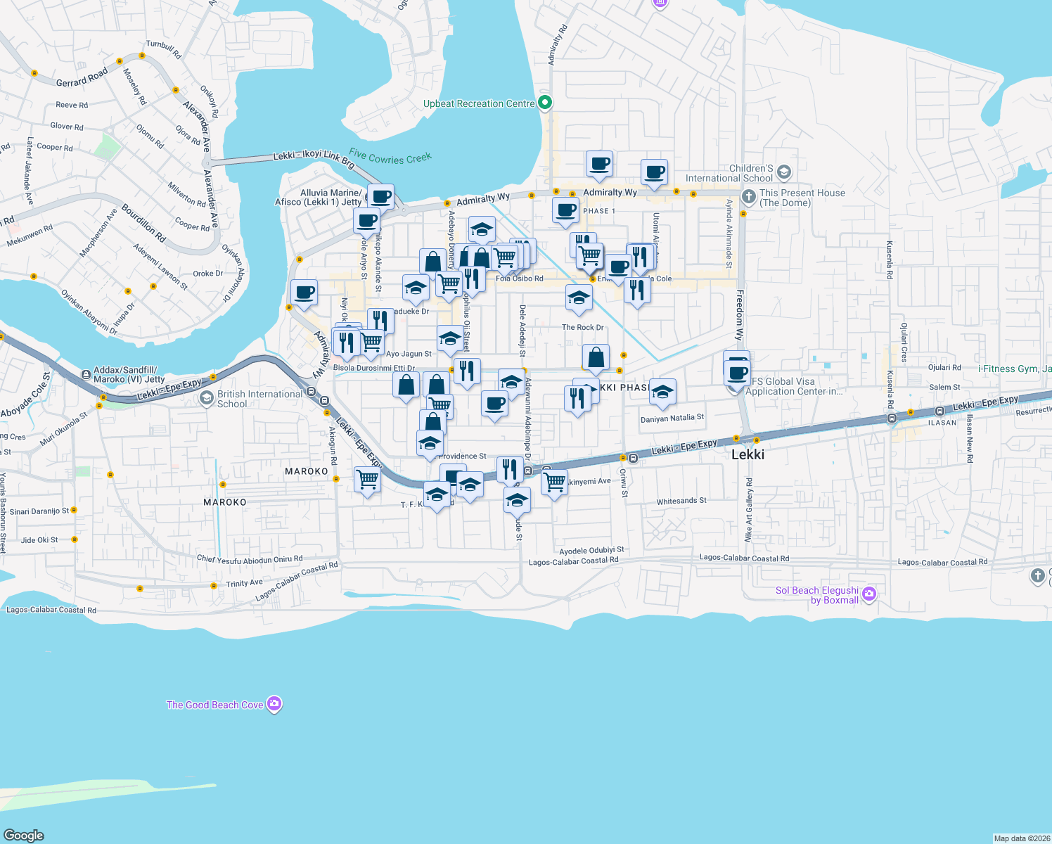 map of restaurants, bars, coffee shops, grocery stores, and more near Ladipo Omotesho Cole Street in Lekki