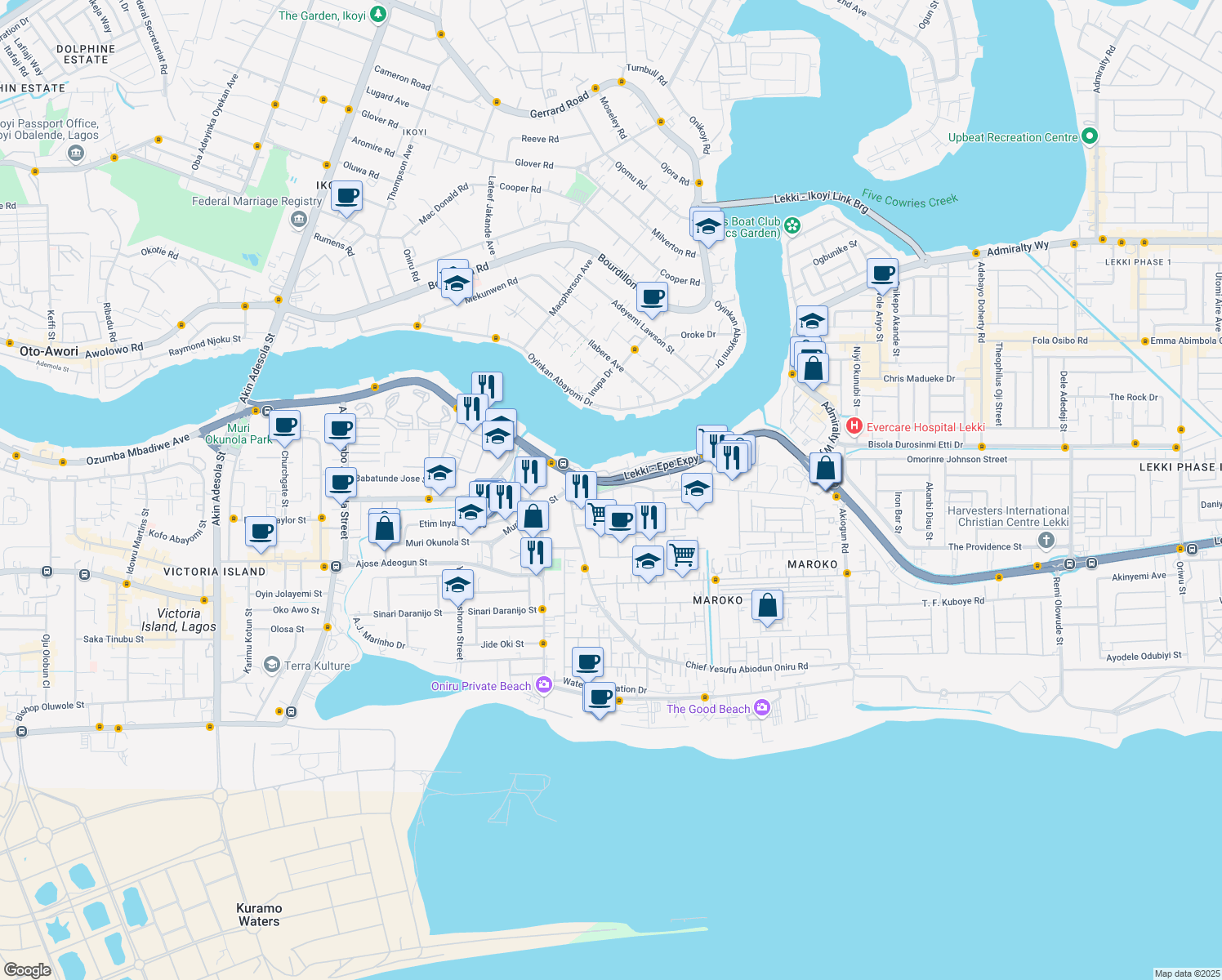 map of restaurants, bars, coffee shops, grocery stores, and more near Abila Abiodun Oniru Road in Lagos