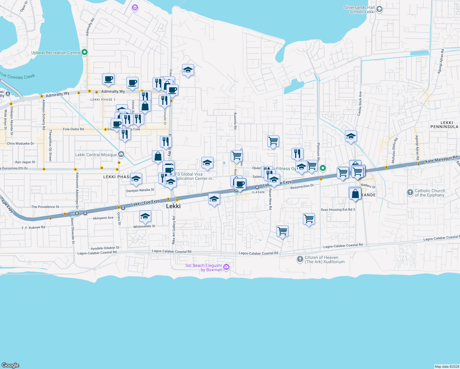 map of restaurants, bars, coffee shops, grocery stores, and more near Kusenla Road in Lekki