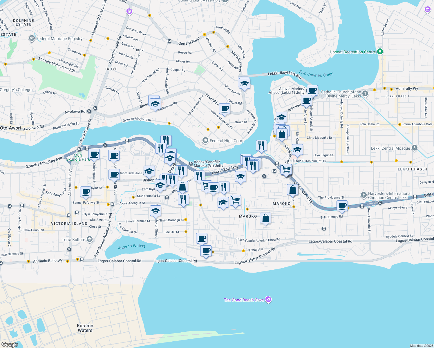 map of restaurants, bars, coffee shops, grocery stores, and more near Lekki - Epe Expressway in Lagos