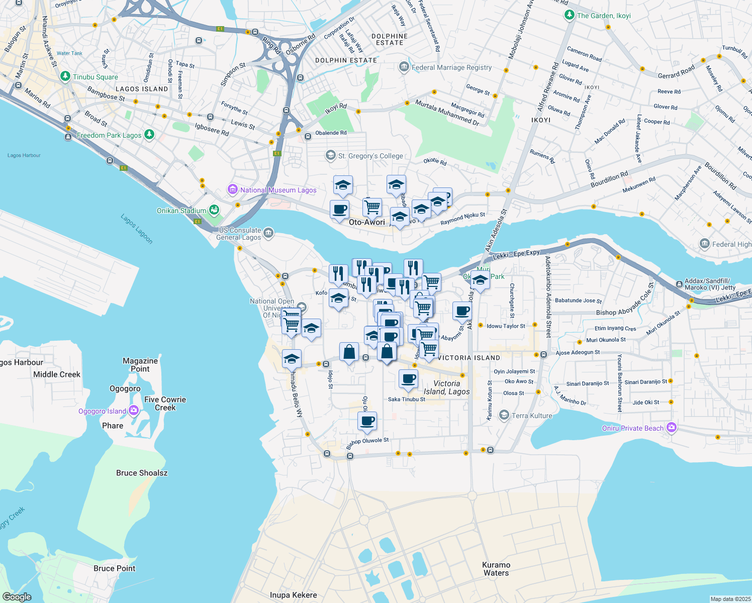 map of restaurants, bars, coffee shops, grocery stores, and more near Kofo Abayomi Street in Lagos