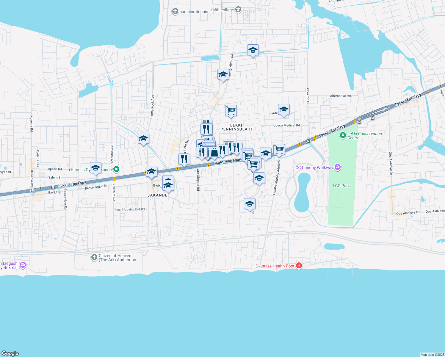 map of restaurants, bars, coffee shops, grocery stores, and more near Sunview Street in Lekki