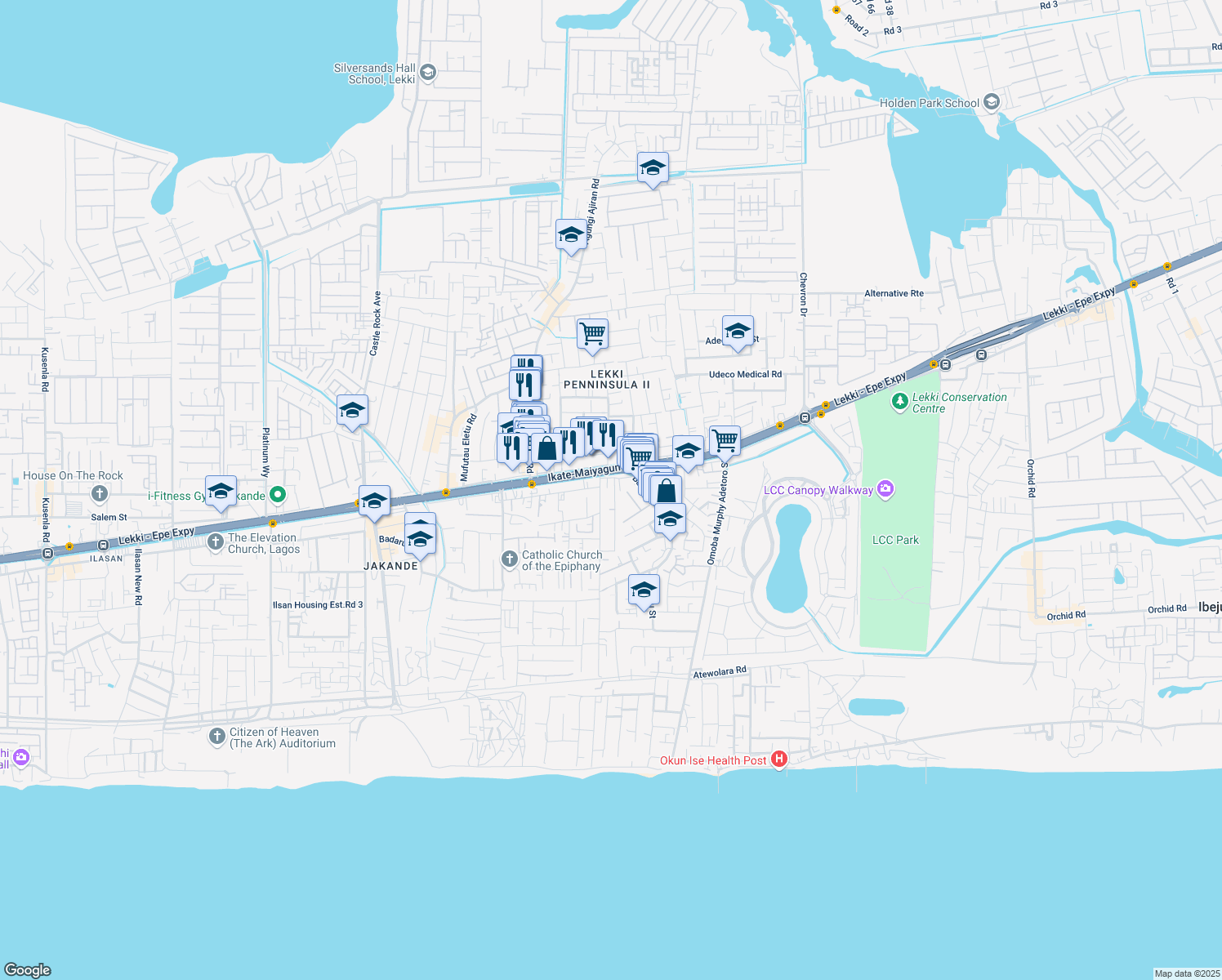 map of restaurants, bars, coffee shops, grocery stores, and more near Lekki - Epe Express Road in Lekki