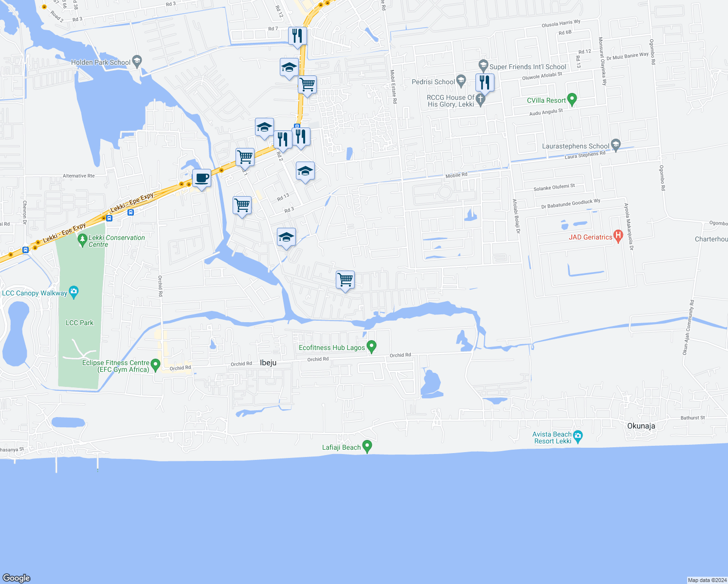 map of restaurants, bars, coffee shops, grocery stores, and more near 12 Ogombo Road in Lagos