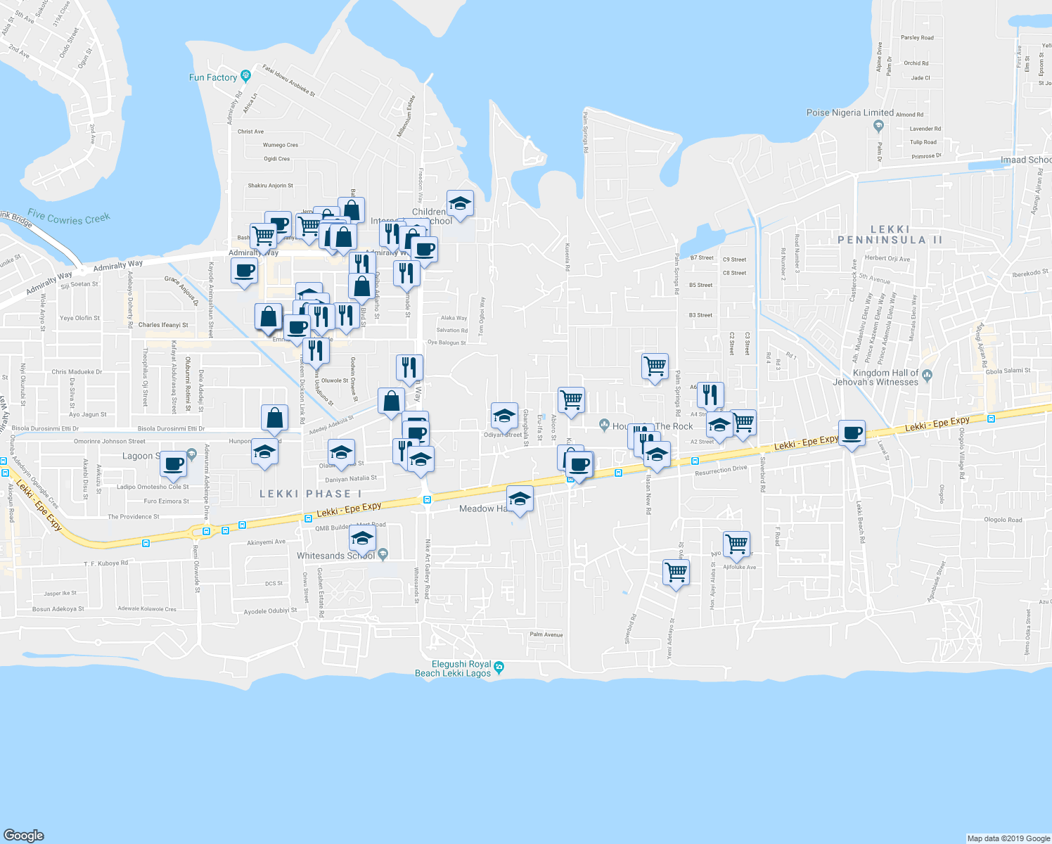 map of restaurants, bars, coffee shops, grocery stores, and more near Gbangbala Lane in Ikeja