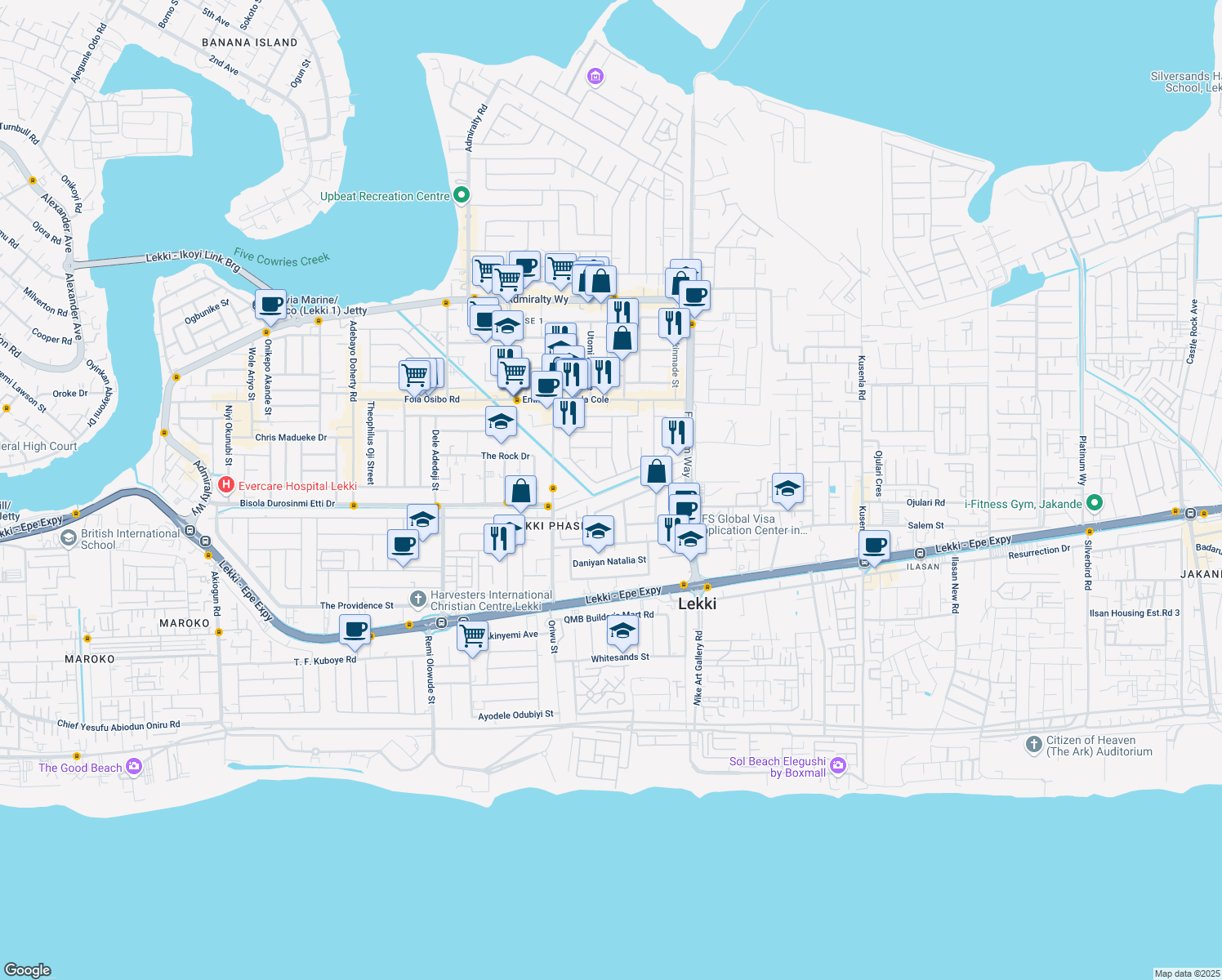 map of restaurants, bars, coffee shops, grocery stores, and more near Adedeji Adekola Street in Lekki