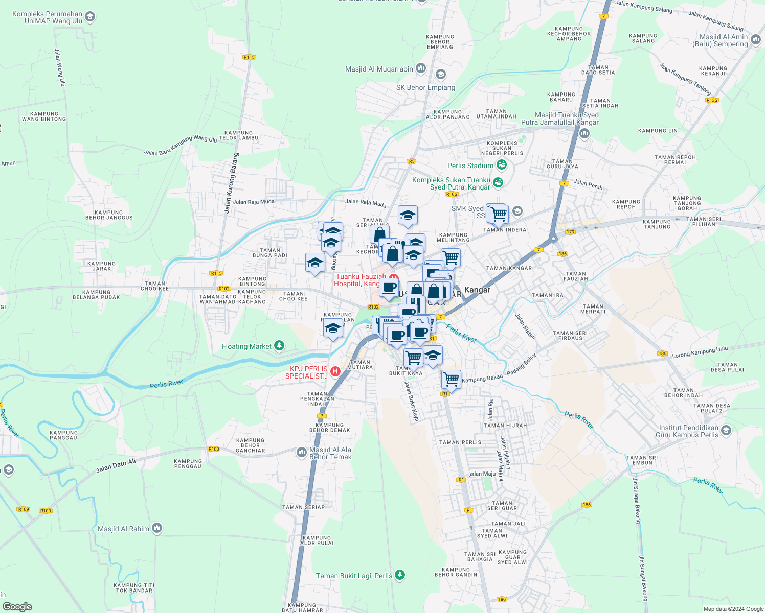 map of restaurants, bars, coffee shops, grocery stores, and more near Jalan Tun Abdul Razak in Kangar