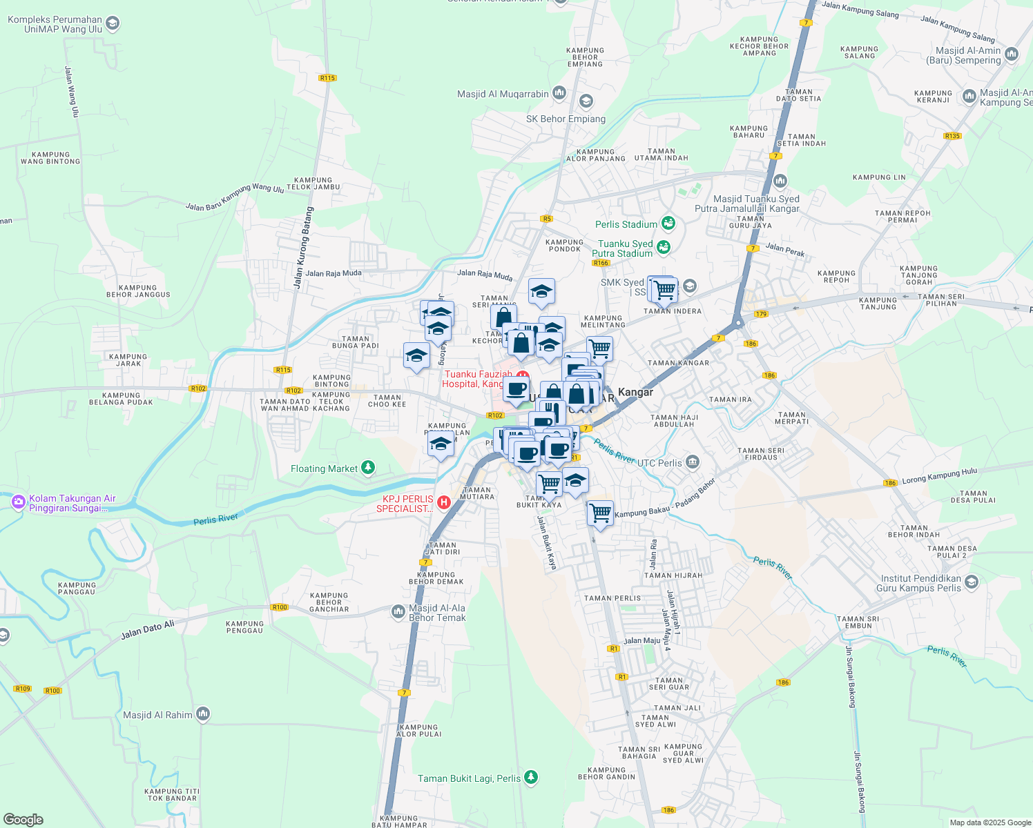 map of restaurants, bars, coffee shops, grocery stores, and more near Jalan Tun Abdul Razak in Kangar