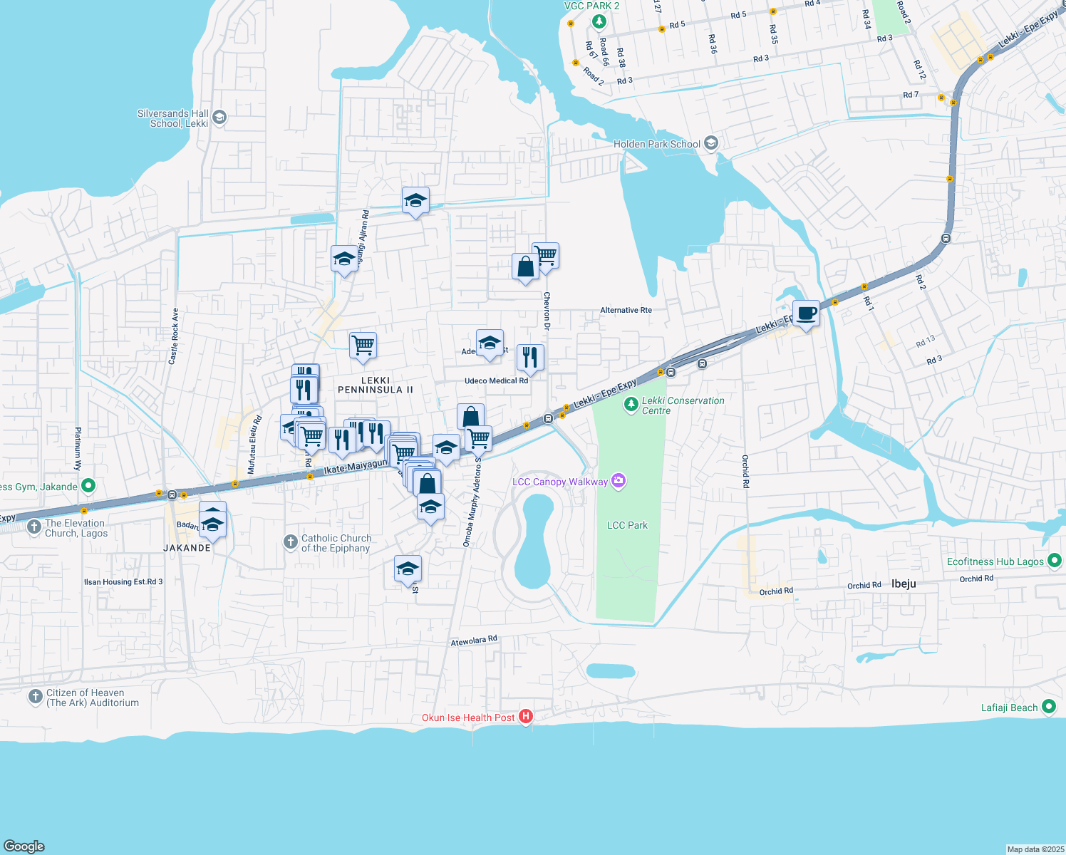 map of restaurants, bars, coffee shops, grocery stores, and more near Lekki - Epe Express Road in Lekki