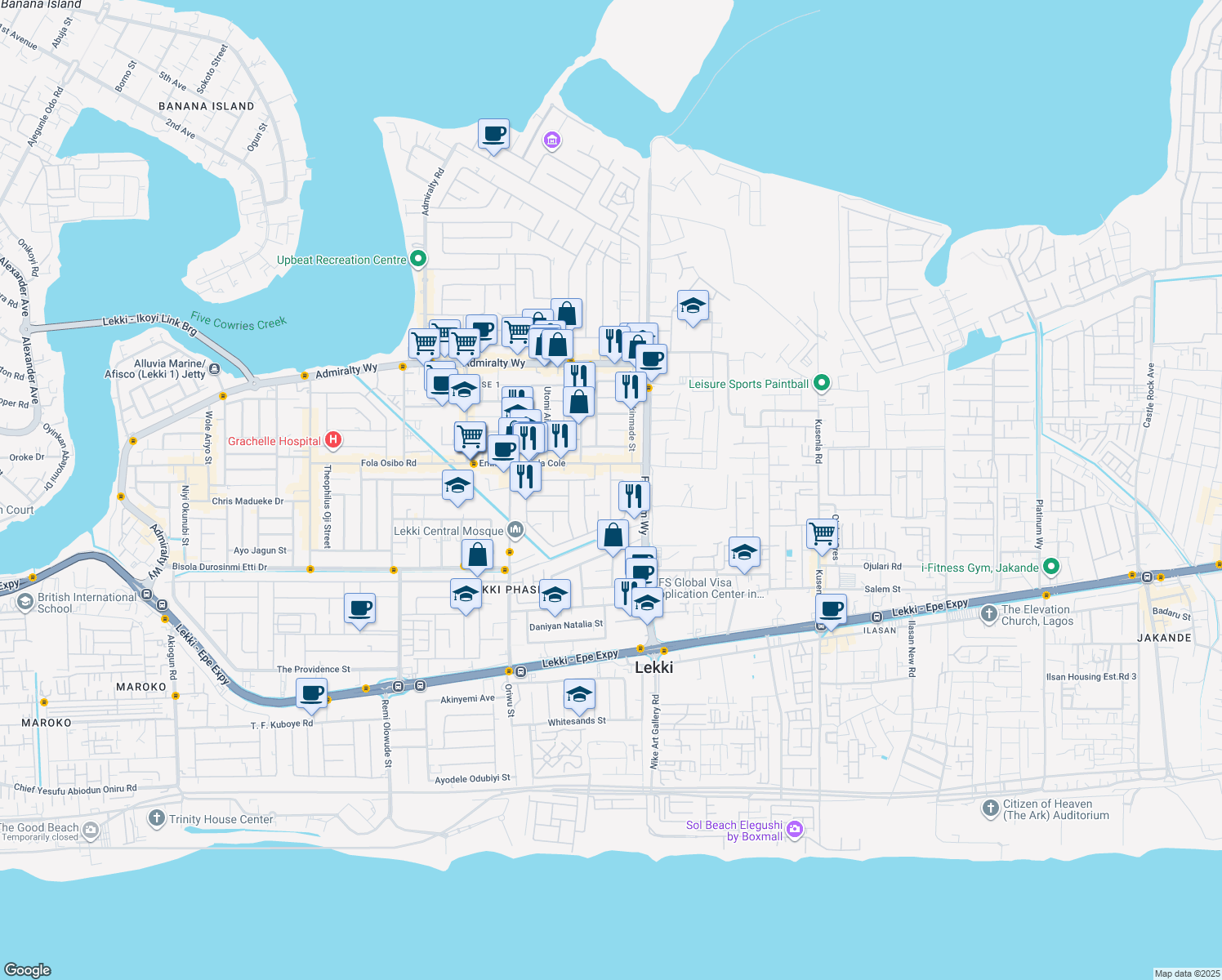 map of restaurants, bars, coffee shops, grocery stores, and more near 1 Lekki - Epe Expressway in Lagos