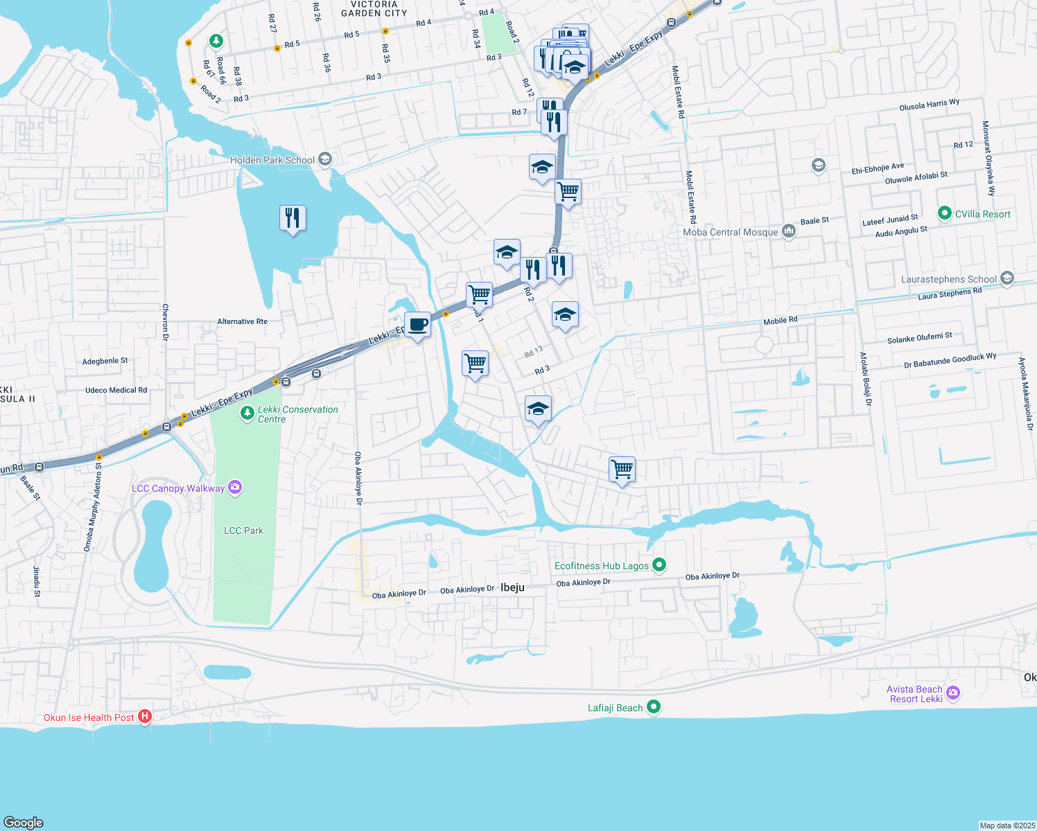 map of restaurants, bars, coffee shops, grocery stores, and more near Orchid Road in Lekki