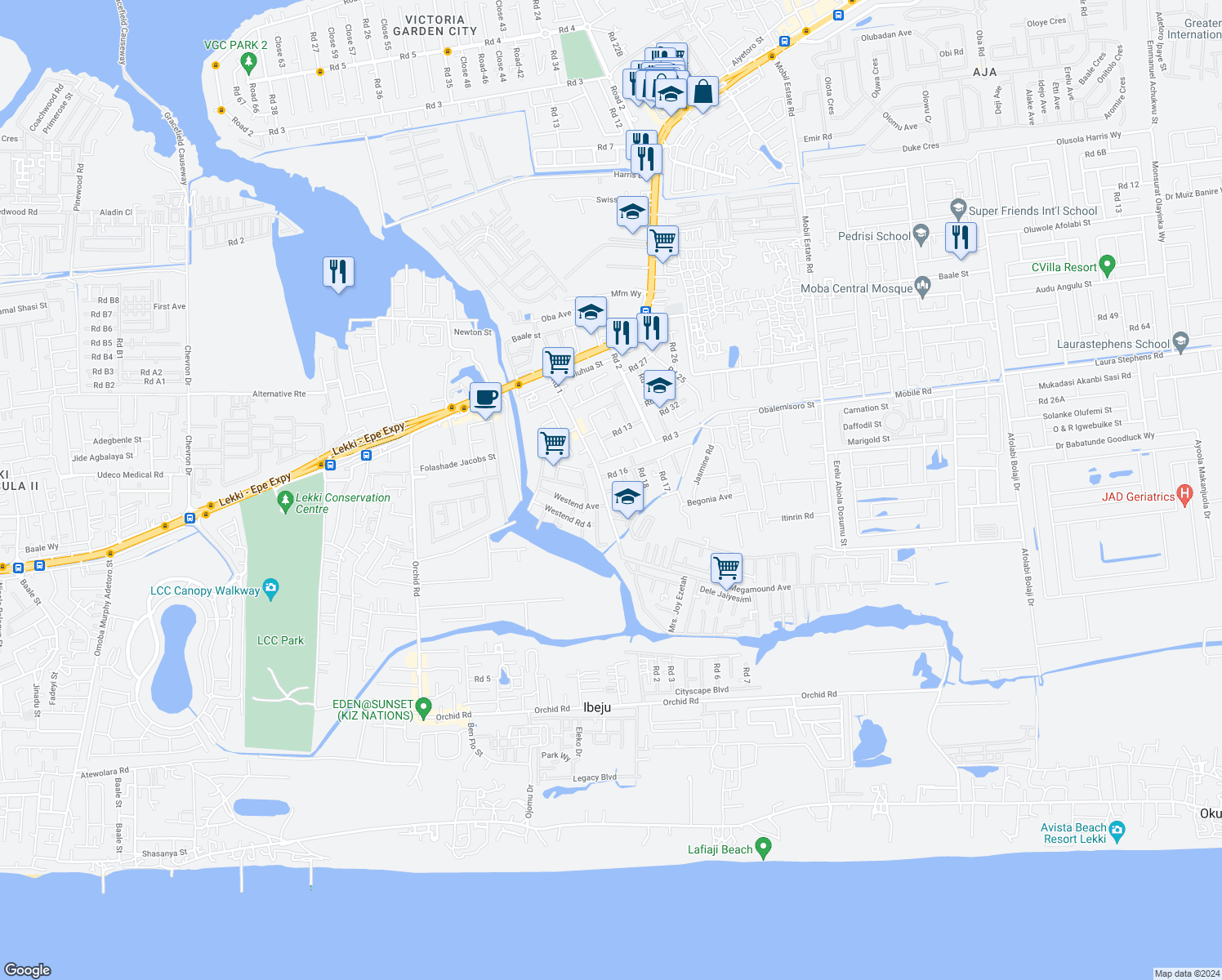 map of restaurants, bars, coffee shops, grocery stores, and more near Orchid Road in Lekki