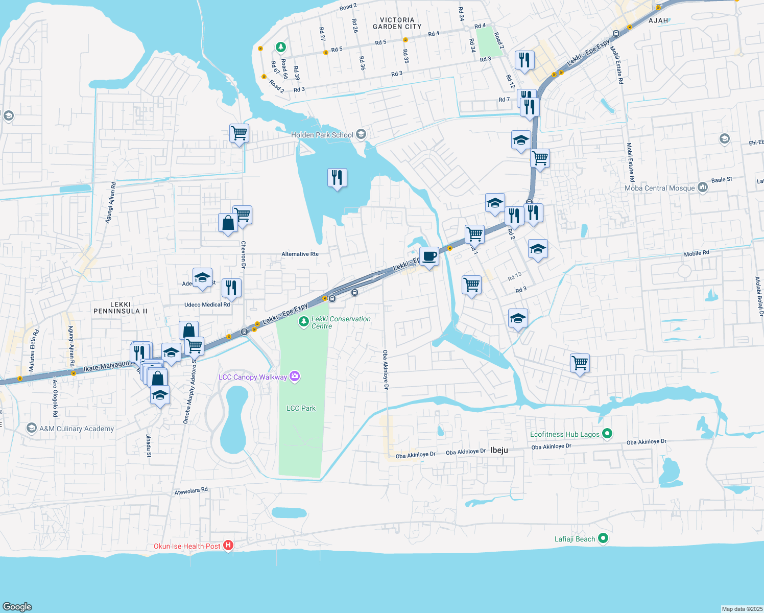 map of restaurants, bars, coffee shops, grocery stores, and more near 17 Orchid Road in Lagos