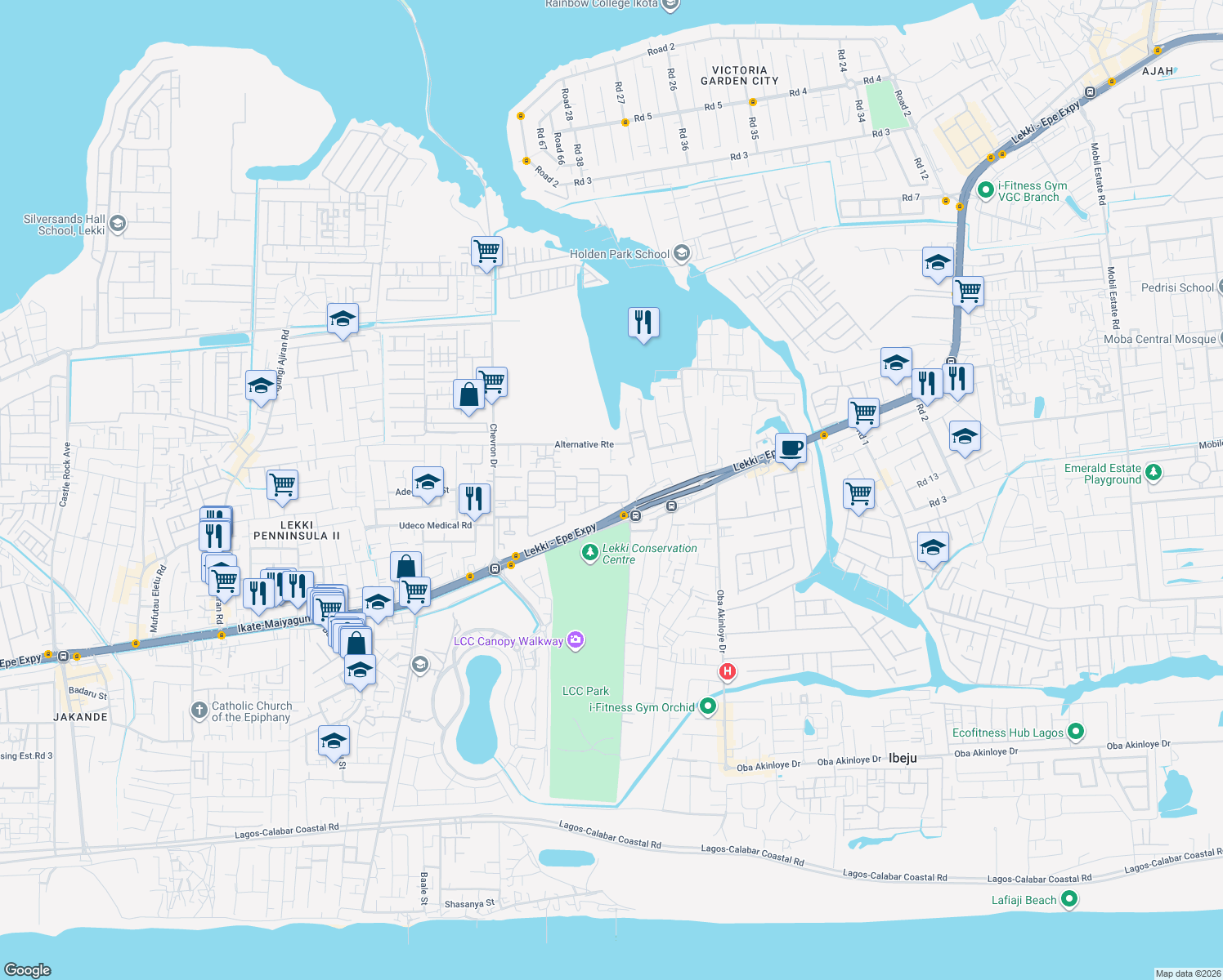 map of restaurants, bars, coffee shops, grocery stores, and more near Chevron Drive in Lekki